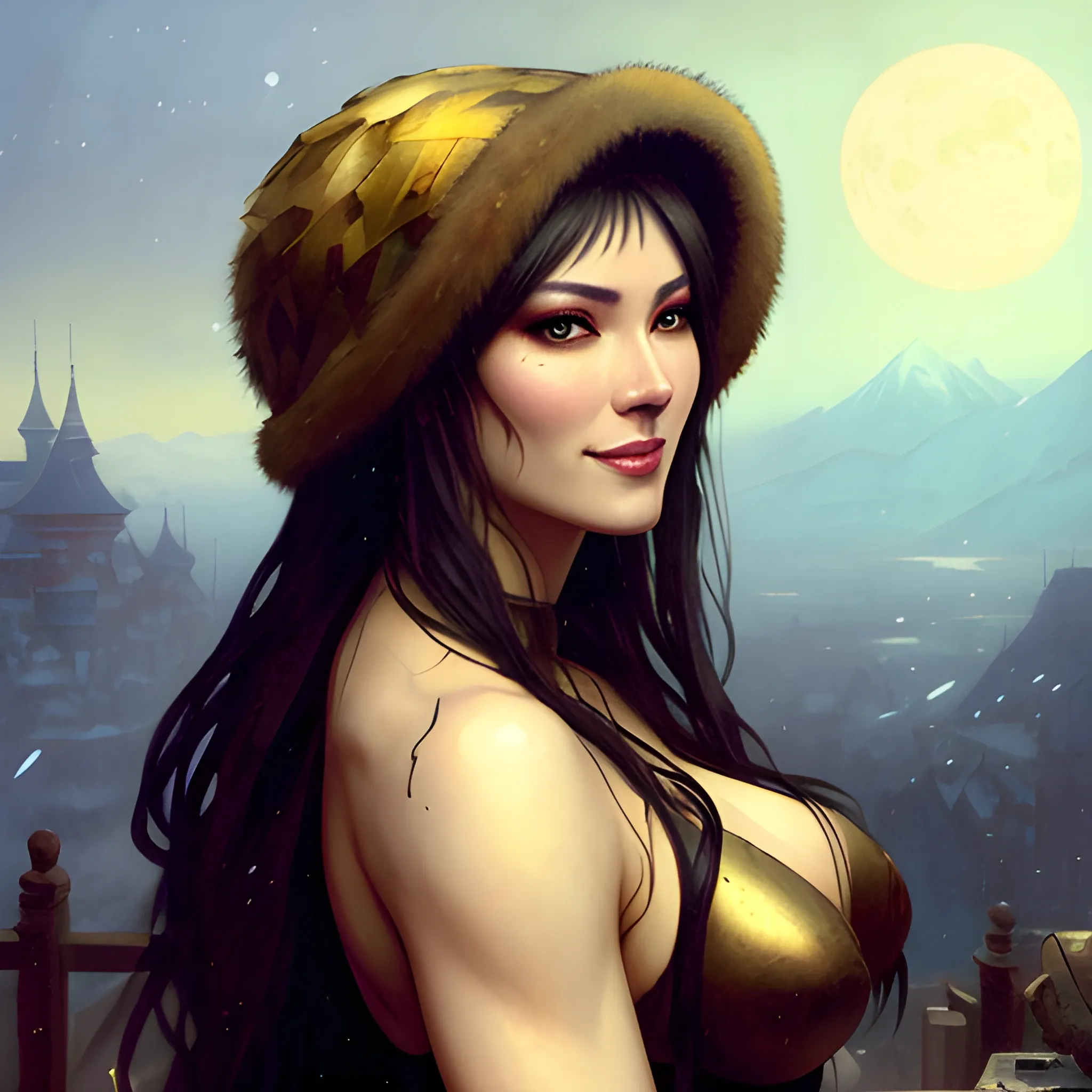 female siberian Russian concubine with slim curvy body, wearing a ushanka, at night, 1400s, painting by gaston bussiere, greg rutkowski, yoji shinkawa, yoshitaka amano, tsutomu nihei, donato giancola, tim hildebrandt, oil on canvas, {full body shot:from behind shot:looking over shoulder}, traditional russian clothing, trending on artstation, featured on pixiv, cinematic composition, extreme detail, metahuman creator, (best quality:1.4), ((masterpiece)), ((realistic)), (detailed), portrait_of_exotic_girls, seductive_smile, (((sexy))), godrays, dust in the air