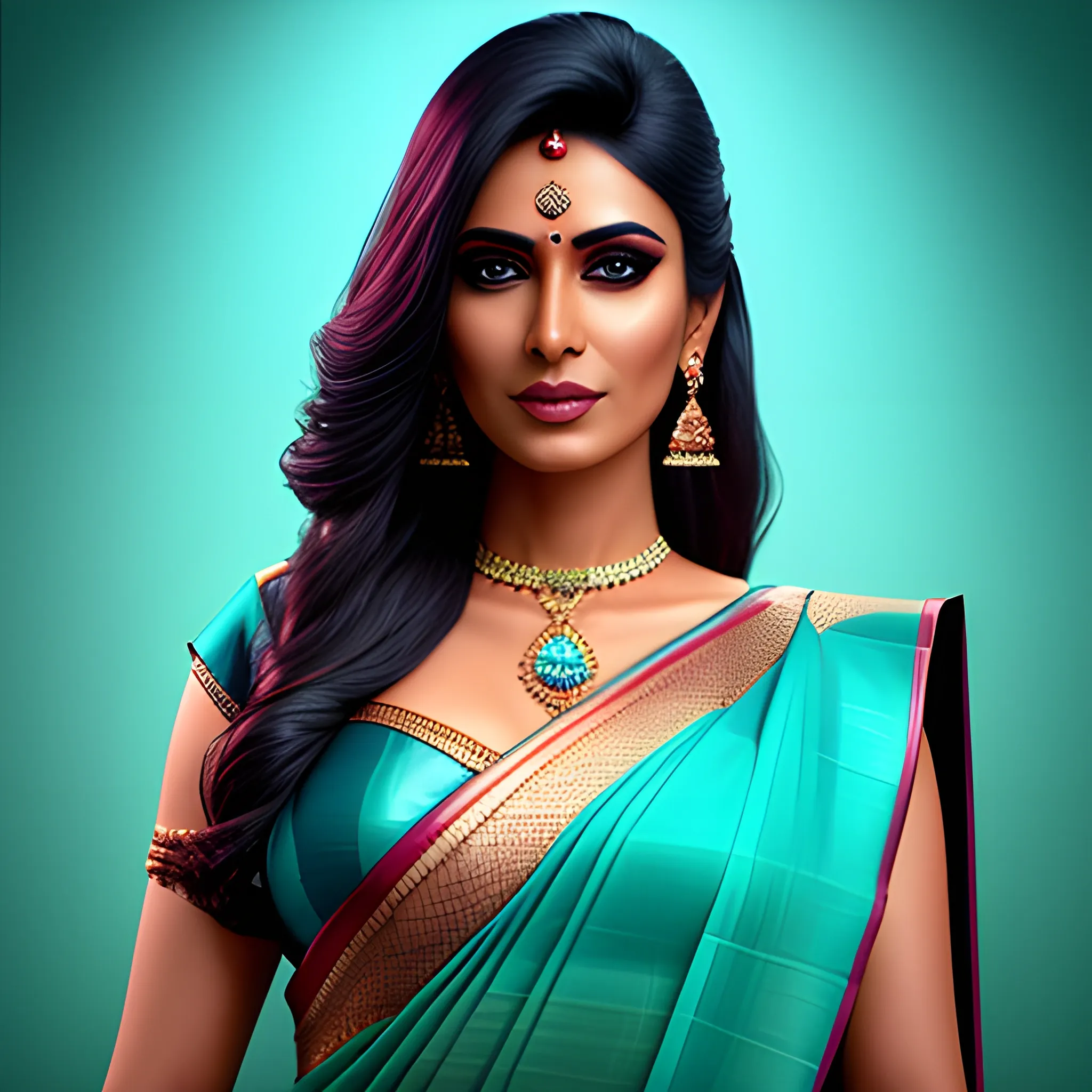 create a realistic photo of a beautiful young indian woman in a sari::textured leather::
ultra detailing::hyperrealistic::
4K quality::style--470::aqua color -0.5 ::neon-0.2::sharp focus:: masterpiece ::background village::