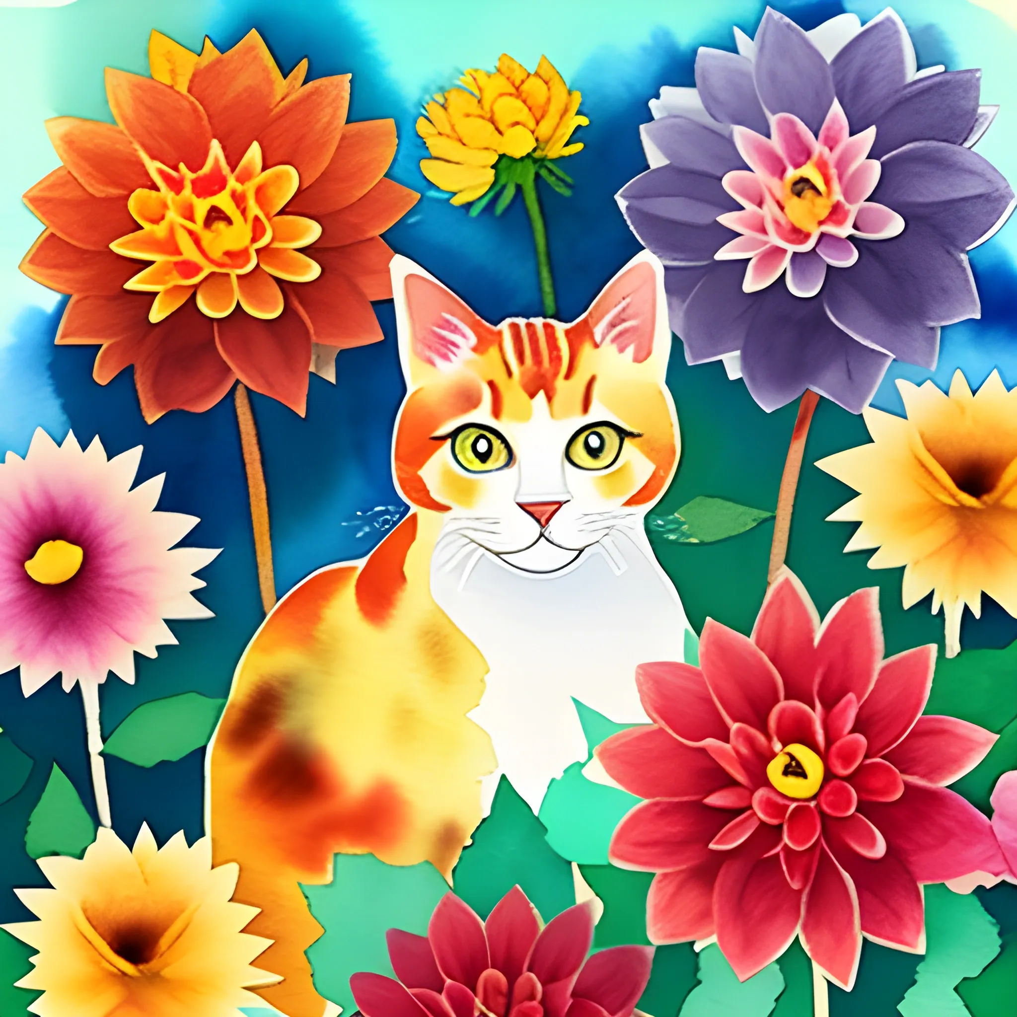 tricolor cat , (scattered Dahlia backdrop), watercolour style