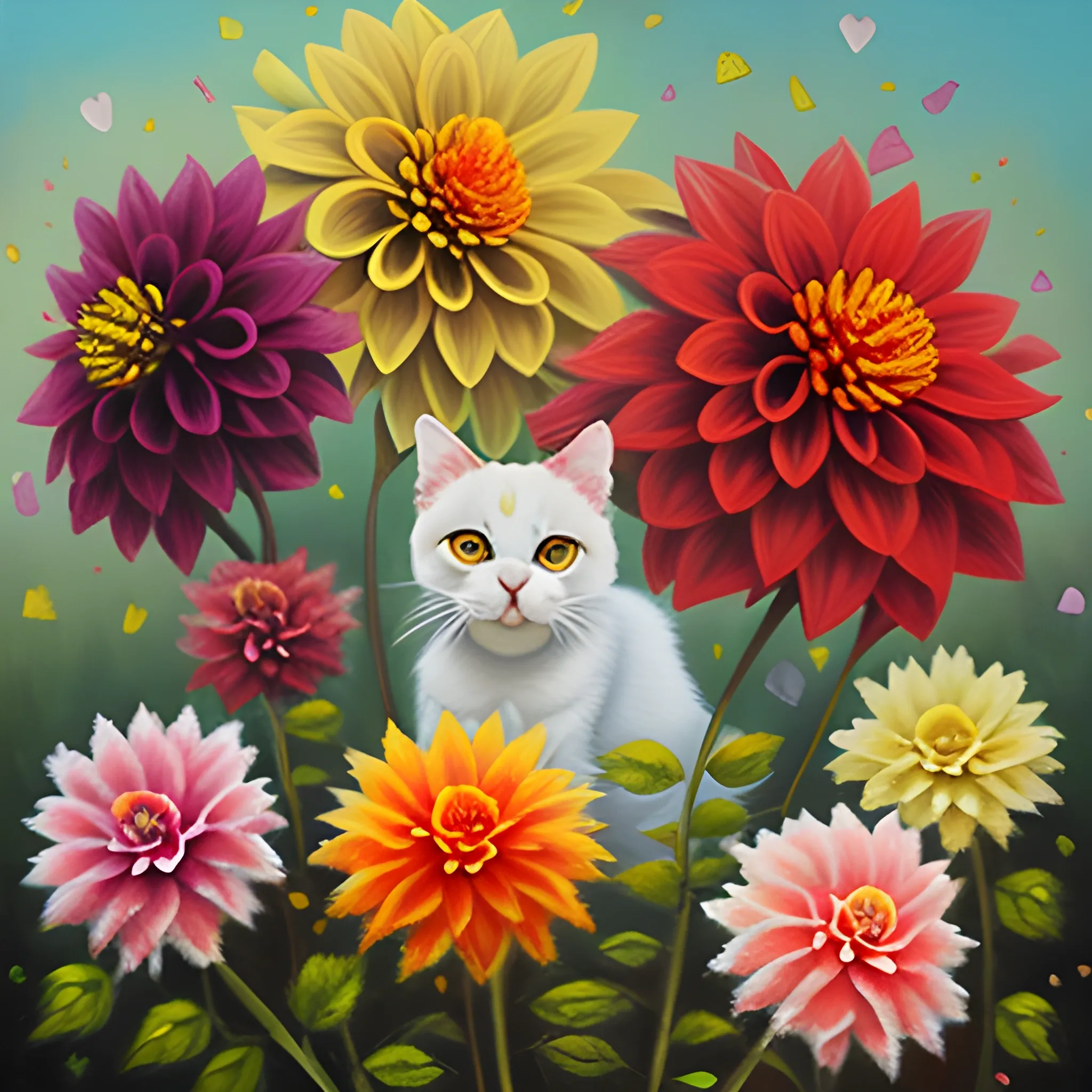 tricolor cat , (scattered Dahlia backdrop), ,, Oil Painting