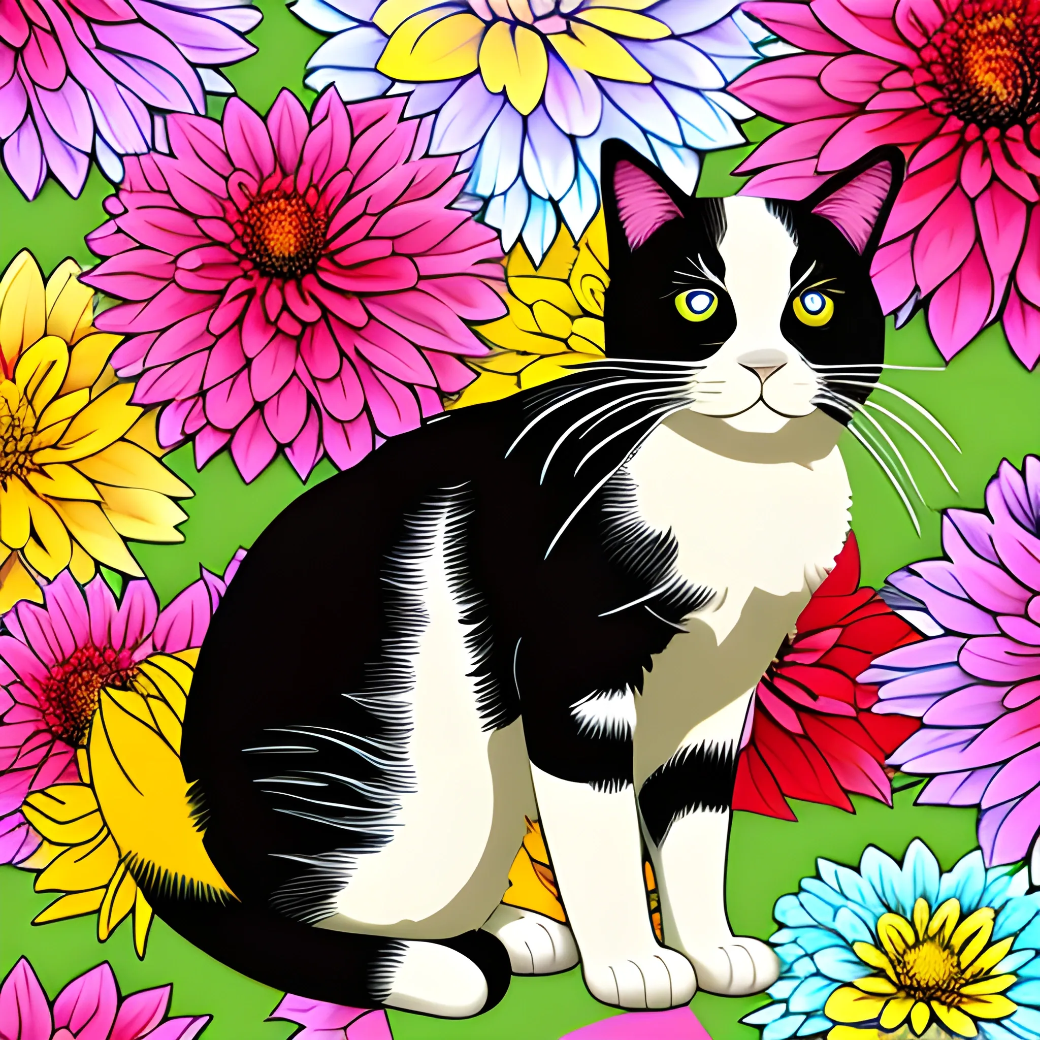 tricolor cat , (scattered Dahlia backdrop), Cartoon