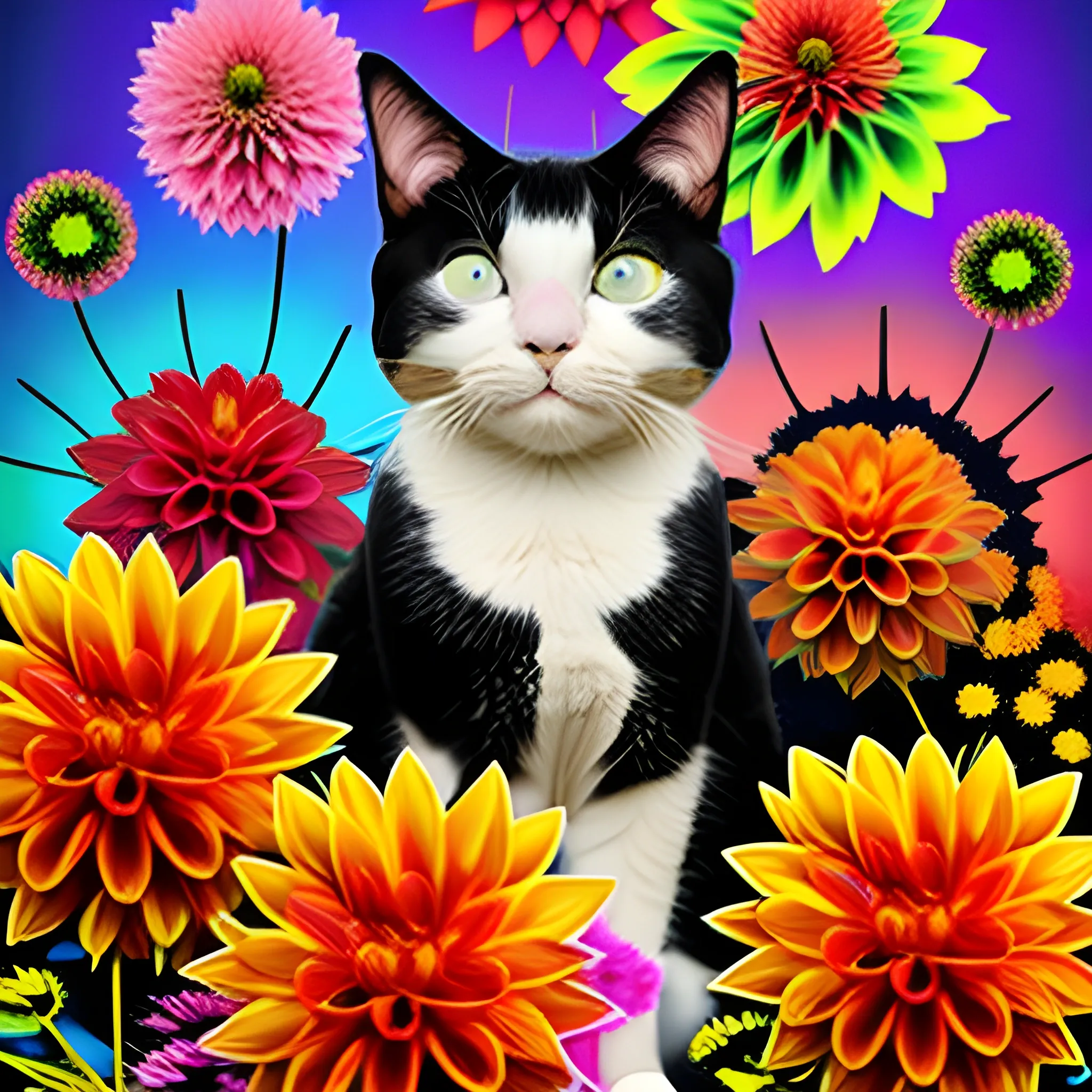 tricolor cat , (scattered Dahlia backdrop),, Trippy