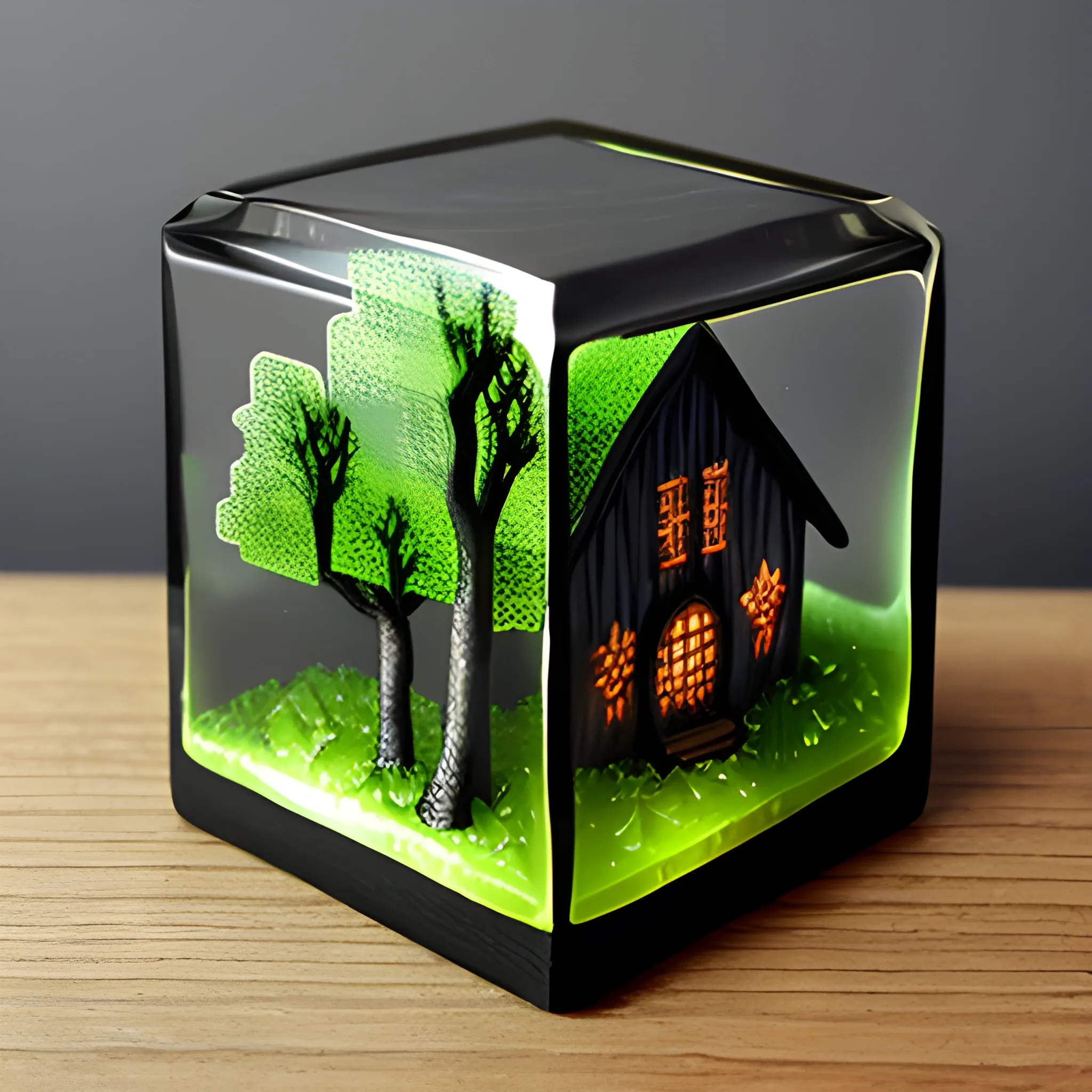 cubic cottage with trees Resin Paperweight|,, dark background, glow, 3d