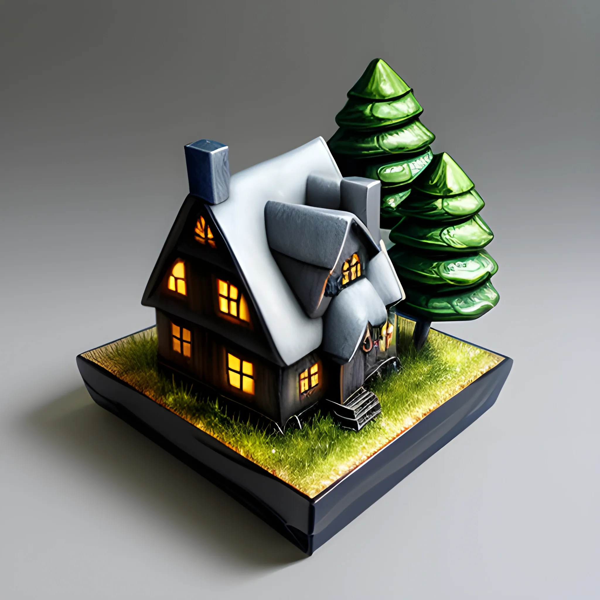 cubic cottage with trees Resin Paperweight|,, dark background, glow, , Oil Painting