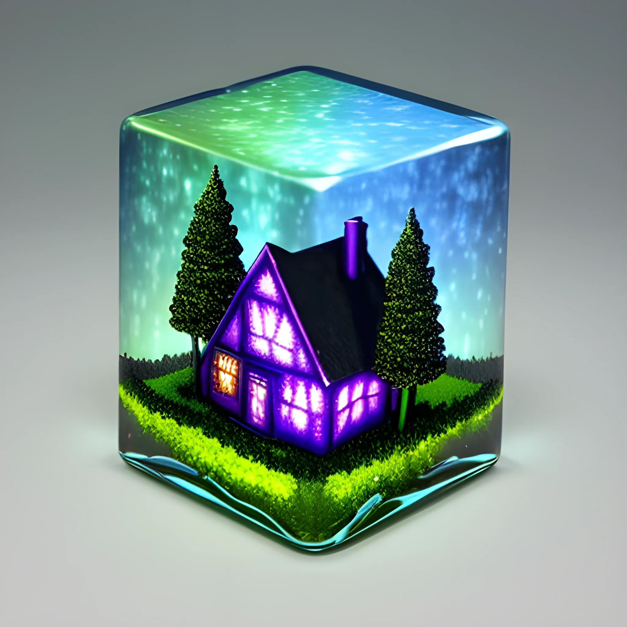 cubic cottage with trees Resin Paperweight|,, dark background, glow, Trippy