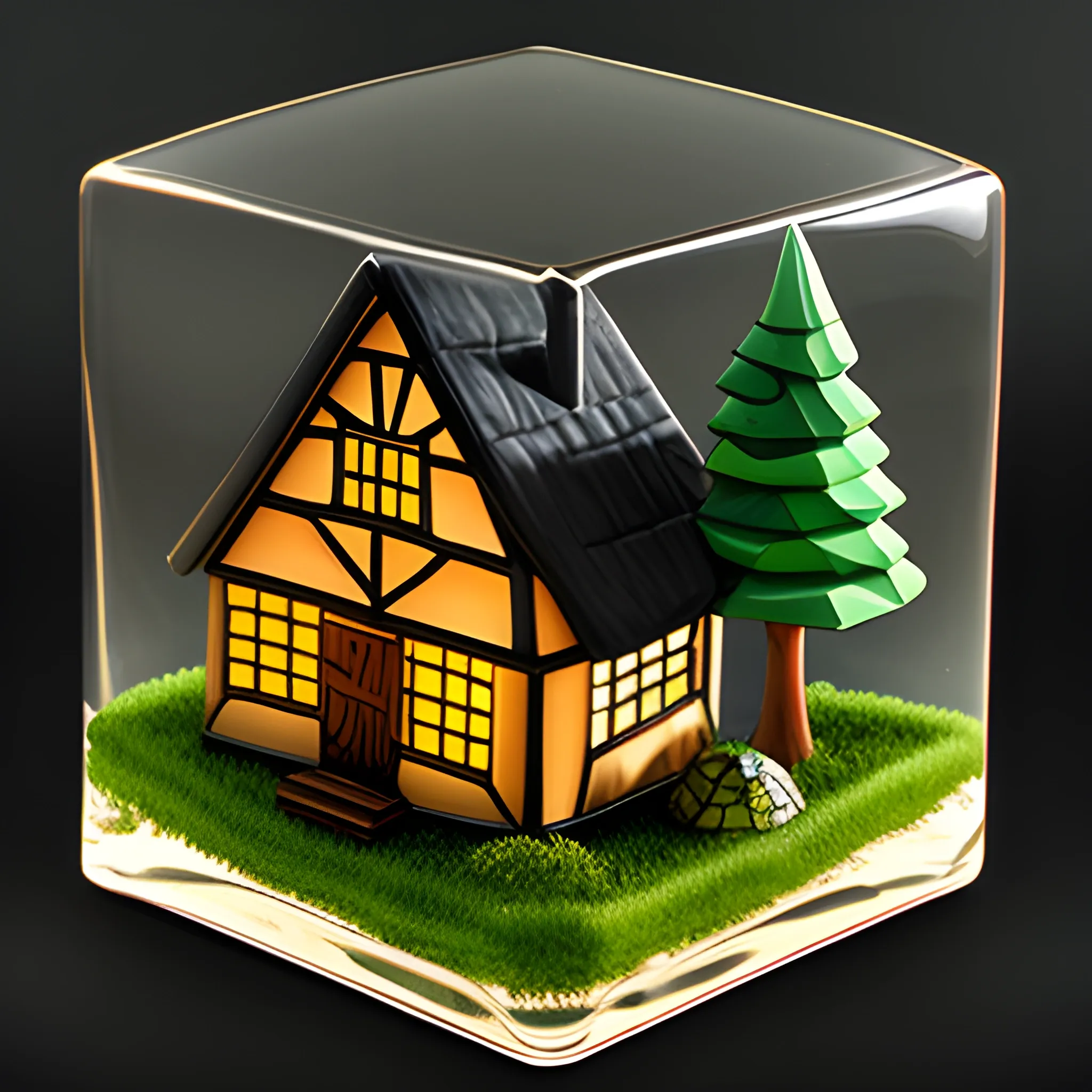 cubic cottage with trees Resin Paperweight|,, dark background, glow, , Cartoon