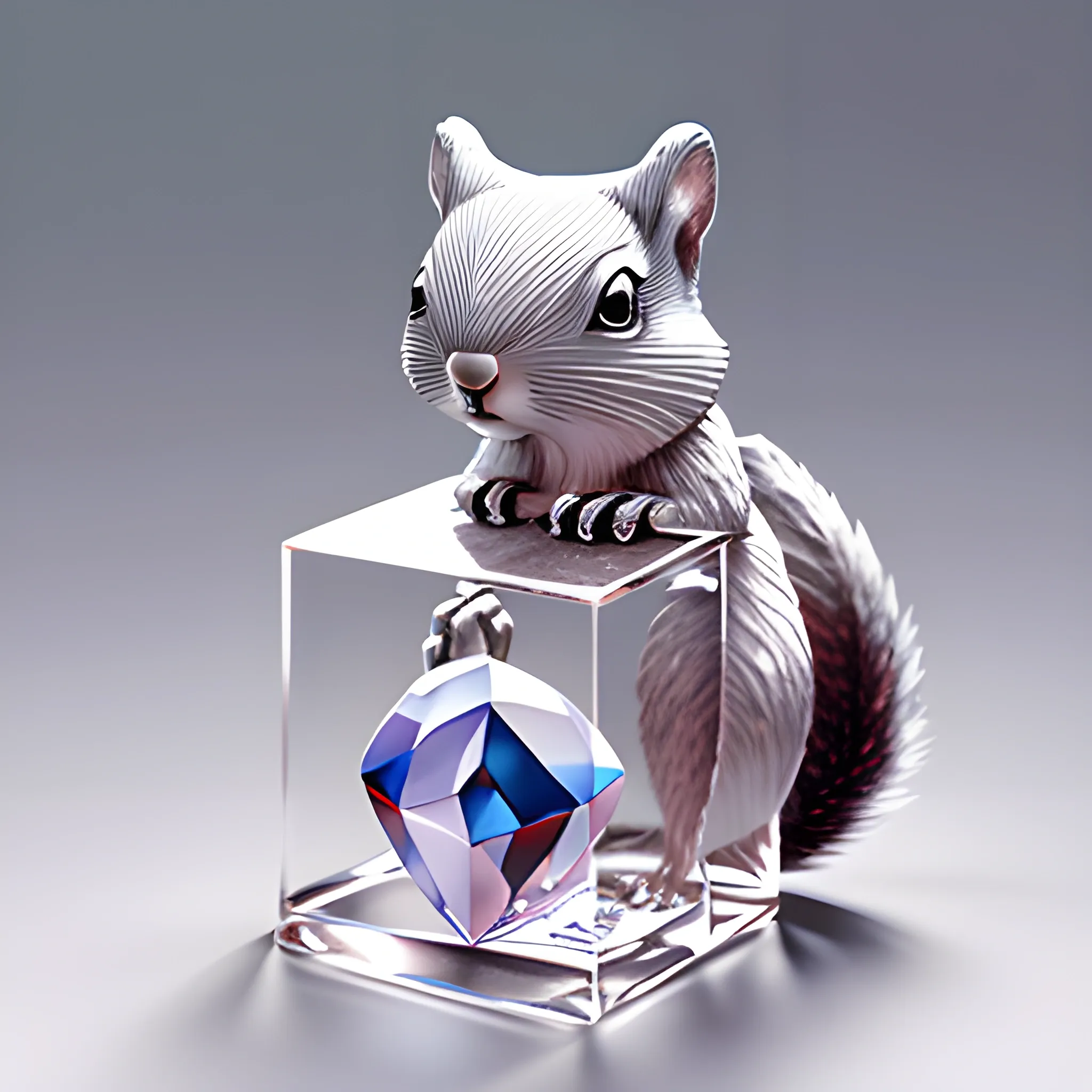 ((cubic)) (Crystal squirrel holding heart) Resin Paperweight|,, grey background, glow, 3d, spotlight, highly detailed, 4K, Water Color