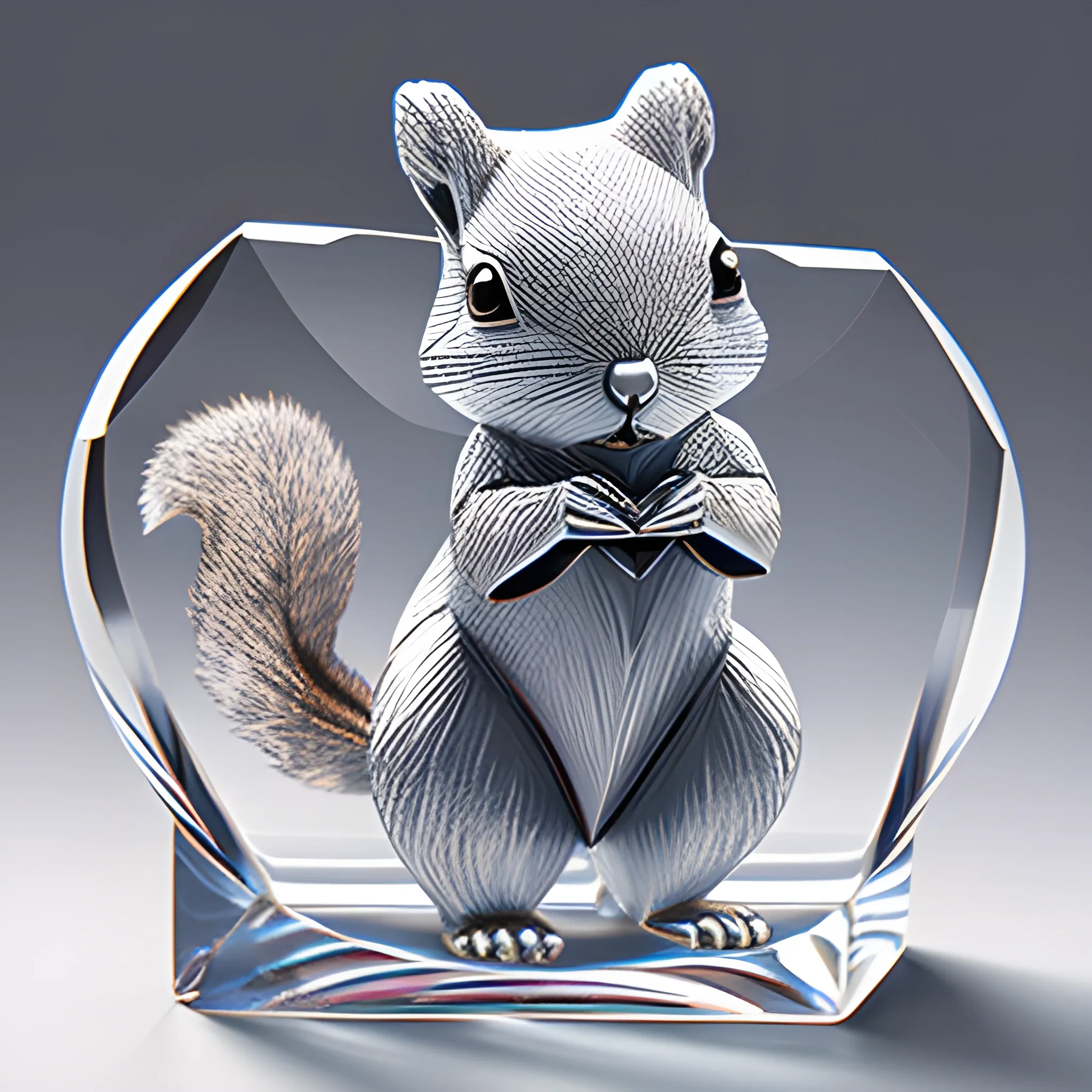 ((cubic)) (Crystal squirrel holding heart) Resin Paperweight|,, grey background, glow, 3d, spotlight, highly detailed, 4K, Oil Painting