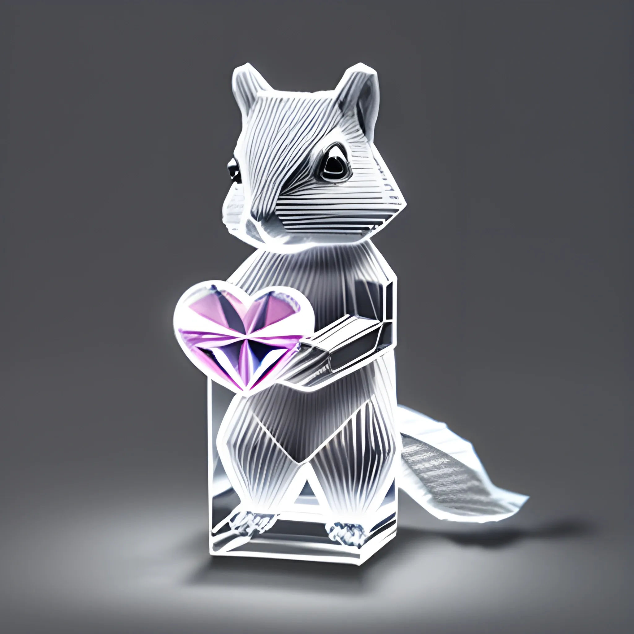 ((cubic)) (Crystal squirrel holding heart) Resin Paperweight|,, grey background, glow, 3d, spotlight, highly detailed, 4K, Cartoon