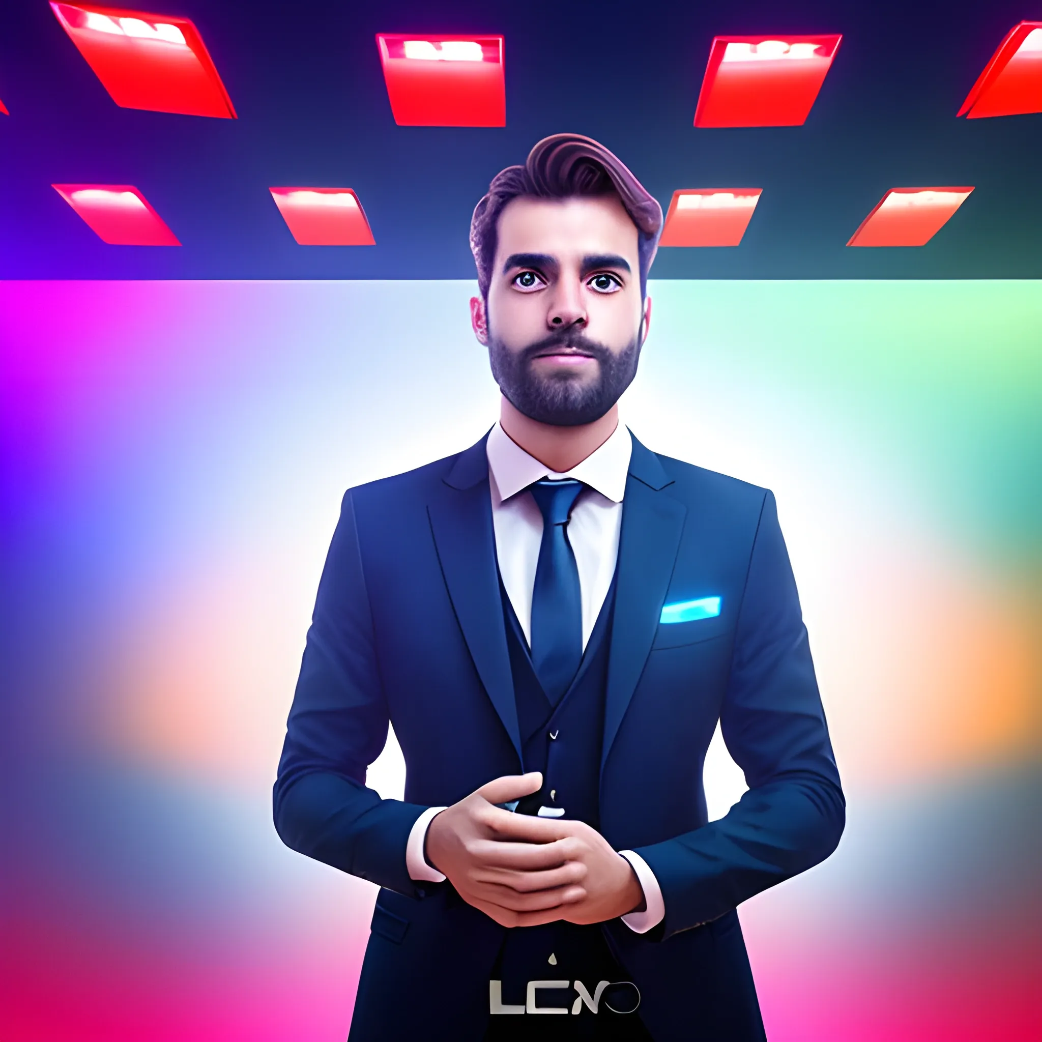 Un hombre de traje, en un escenario moderno, con una pantalla led horizontal muy grande, luces, y tecnologico
