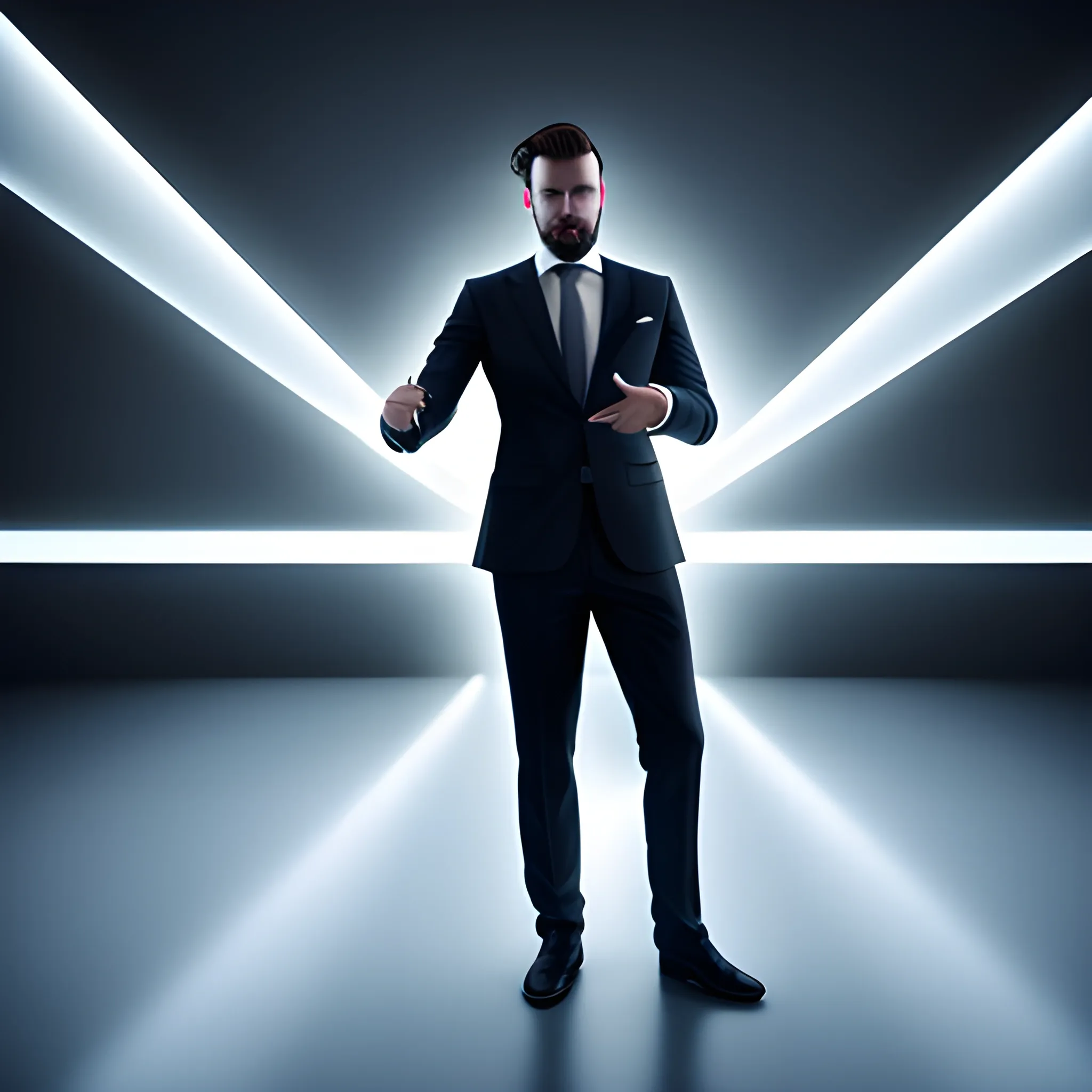 Un hombre de traje, en un escenario moderno, con una pantalla led horizontal muy grande, luces, y tecnologico. Imagen de cuerpo entero, en formato 16:9
, 3D