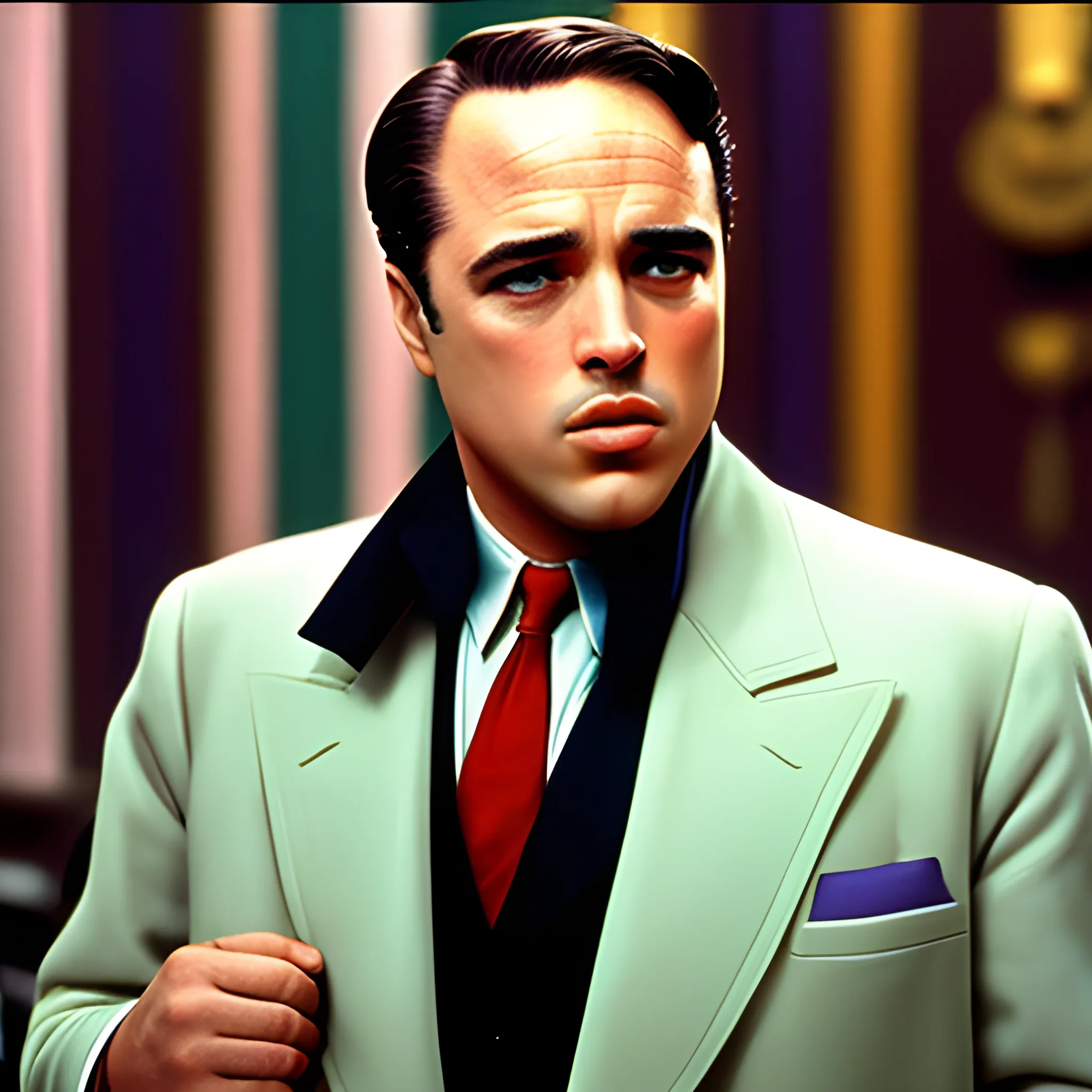 Marlon Brando en la pelicula El Padrino, con la estetica de las peliculas de Wes Anderson, colores pastel, detallado, maxima informacion posible, a color
