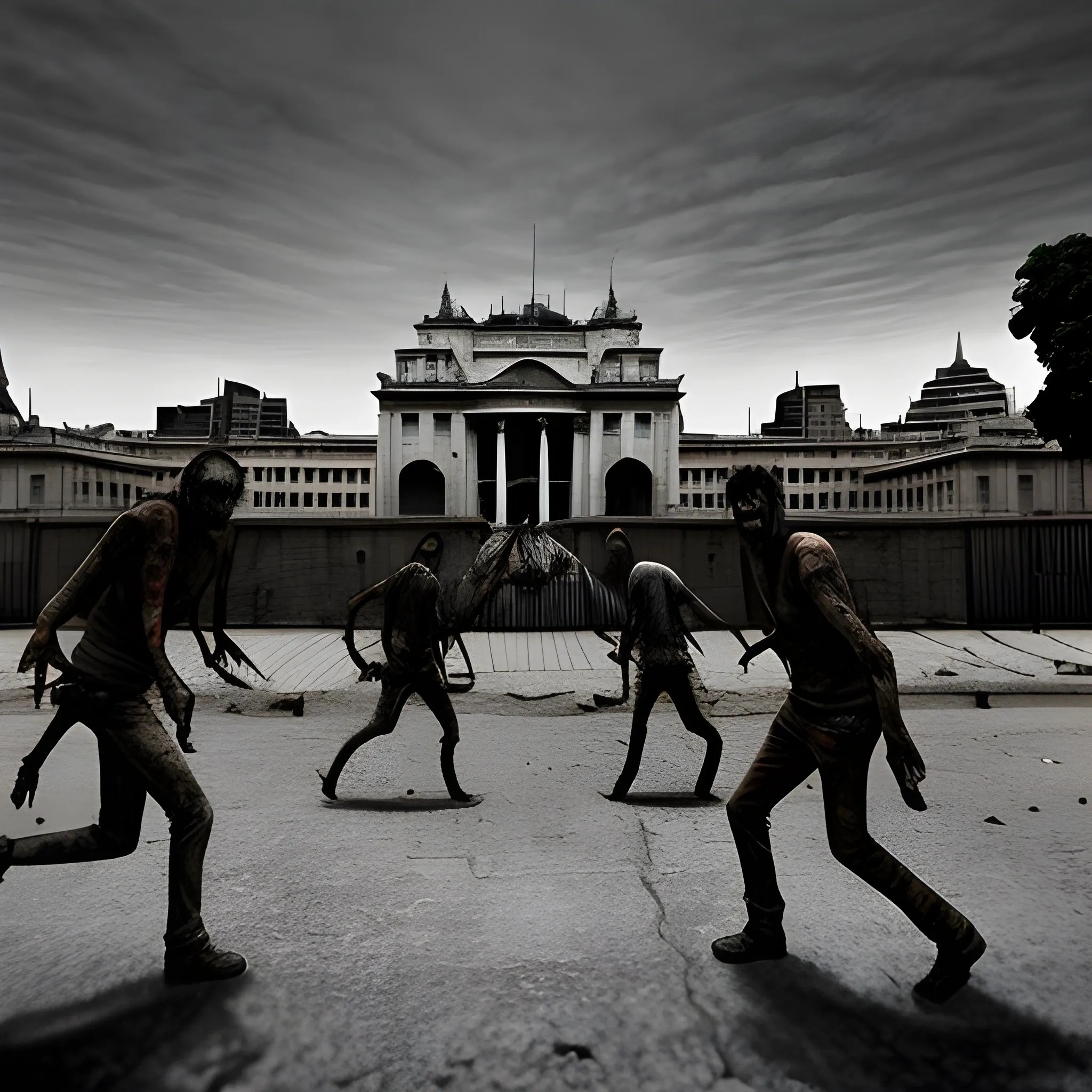 Casa Rosada in Buenos Aires, Argentina, in post-apocalyptic style from The Walking Dead series, with the street covered in zombies, and two survivors running desperate to escape the zombies