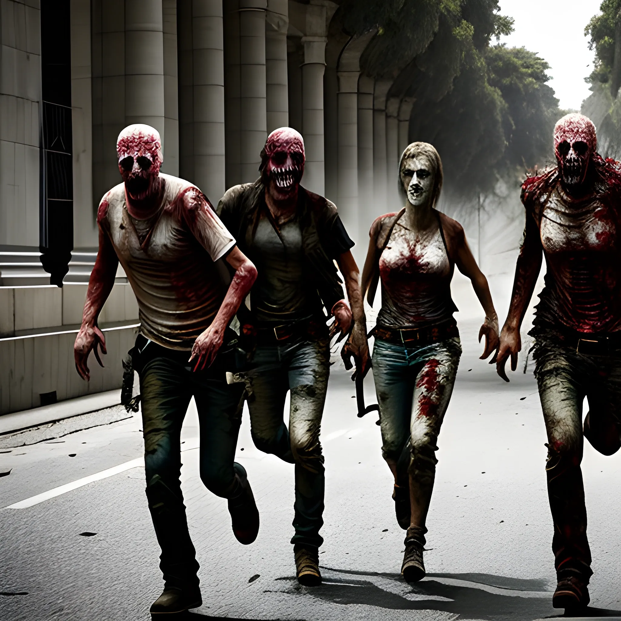 Argentinian parlament in Buenos Aires, in post-apocalyptic style from The Walking Dead series, with the street covered in zombies, and two survivors running desperate to escape the zombies