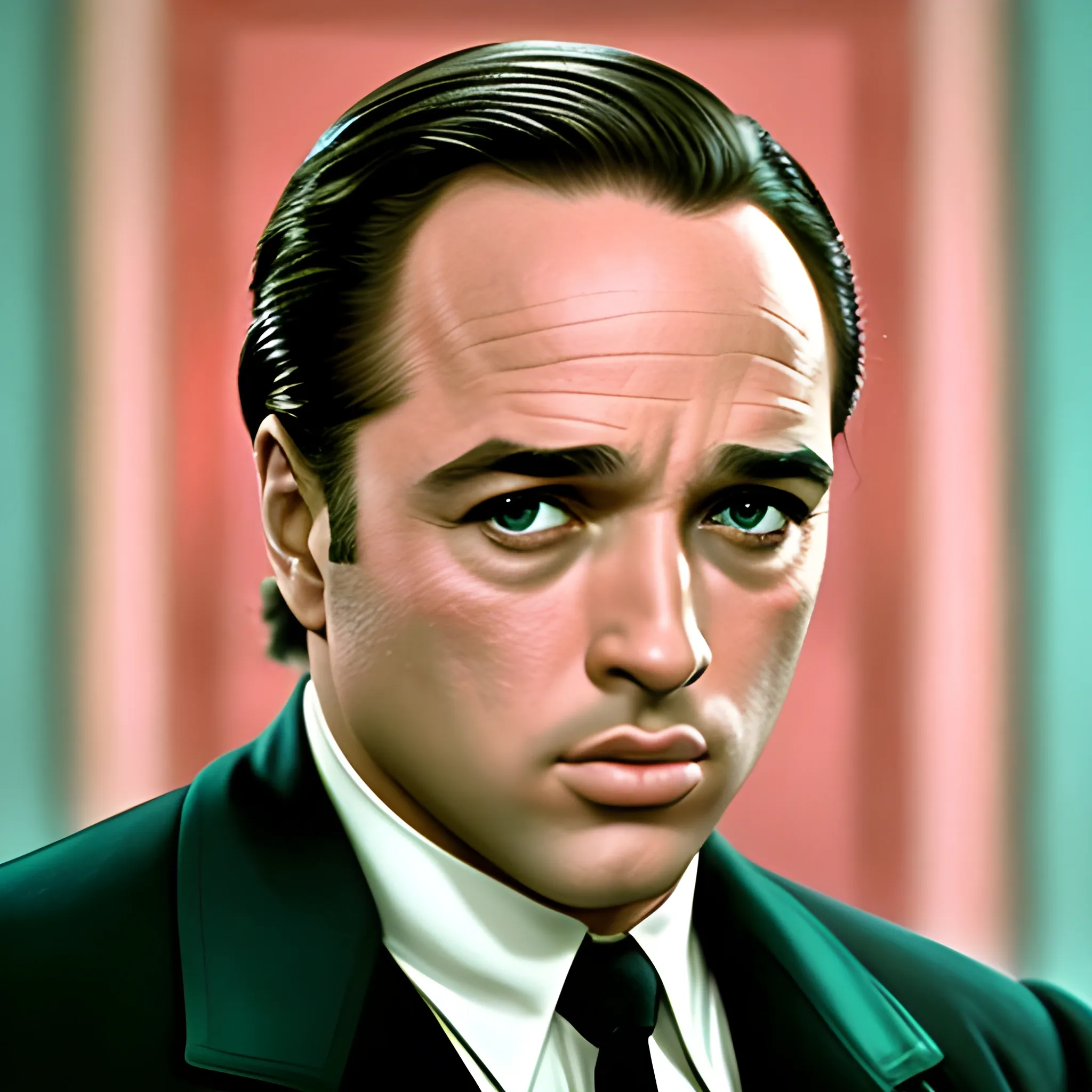 Marlon Brando en la pelicula El Padrino, con la estetica de las peliculas de Wes Anderson, colores pastel, detallado, maxima informacion posible, a color, centrado en la escena. Hiperrealista, mirando hacia el frente. suave, con bordes esfumados

