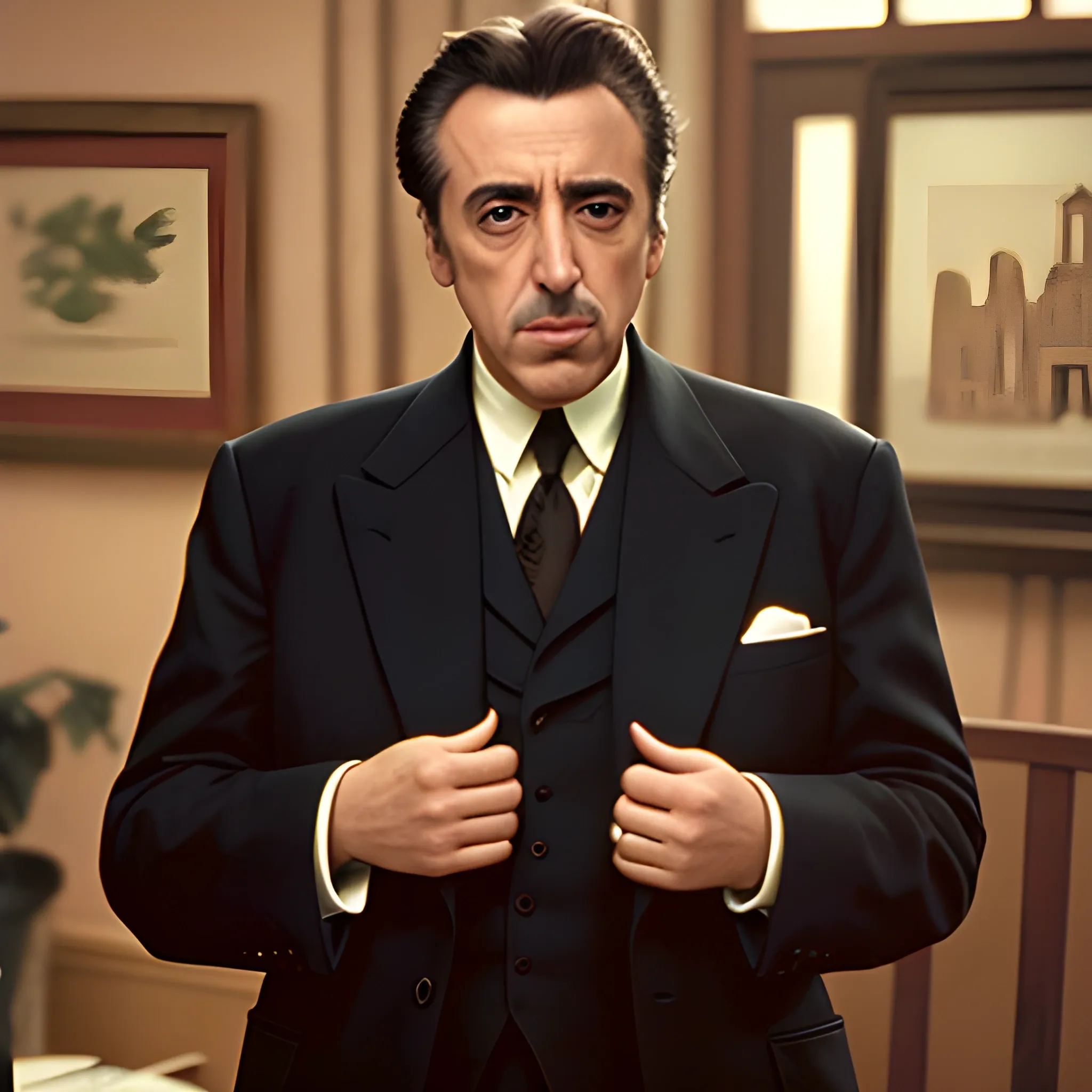 Al Pacino en la pelicula El Padrino, con la estetica de las peliculas de Wes Anderson, colores pastel, textura detallada, maxima informacion posible, a color, centrado en la escena. Hiperrealista, mirando hacia el frente. suave, con bordes esfumados. Plano americano. Fondo enfocado, en una oficina de la decada del 1930

