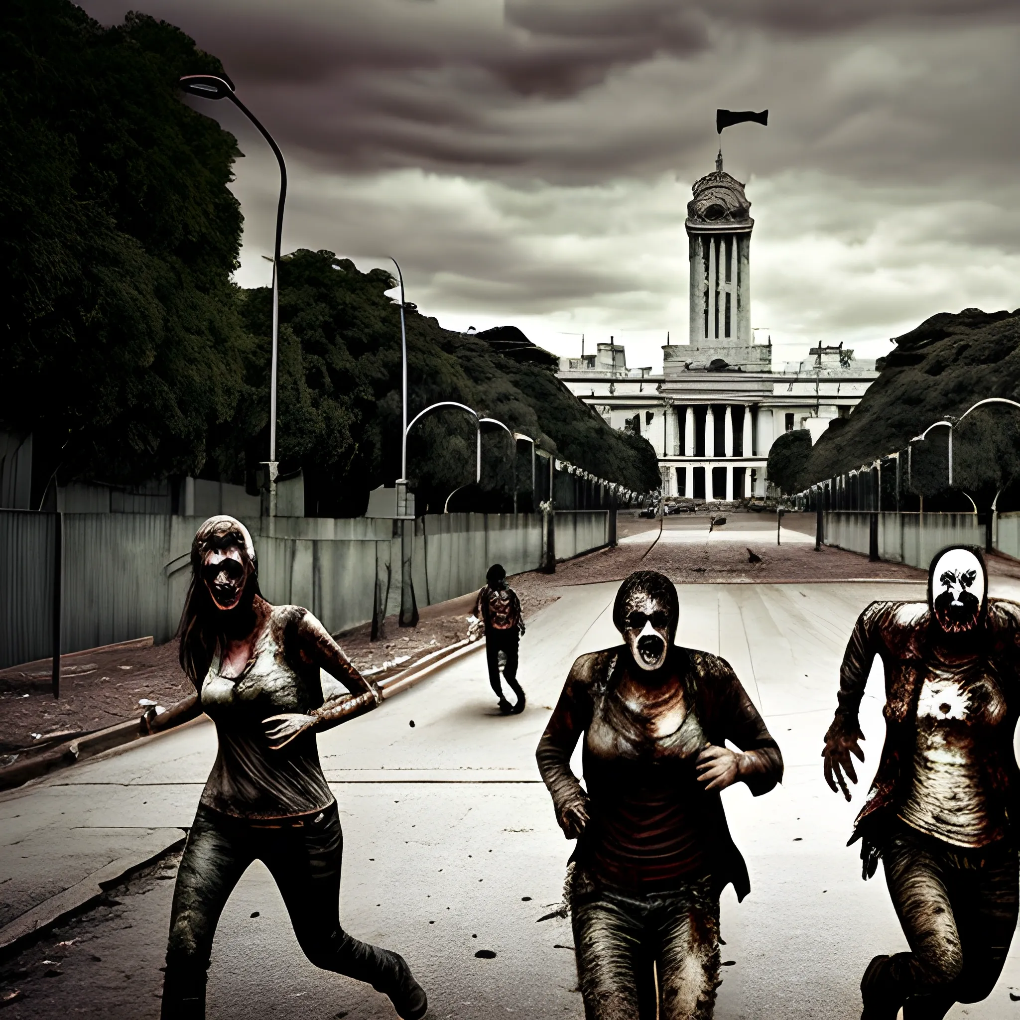 Argentinian parlament in Buenos Aires, in post-apocalyptic style from The Walking Dead series, with the street covered in zombies, and two survivors running desperate to escape the zombies