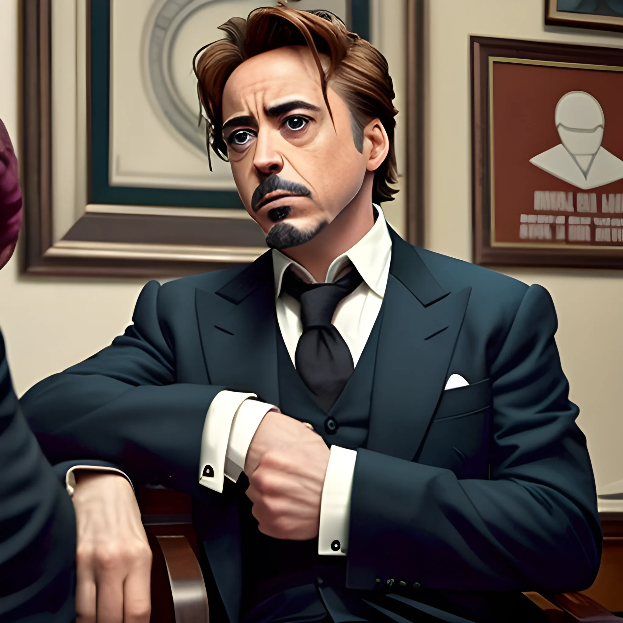 Robert Downey Jr como Al Pacino en la pelicula El Padrino, con la estetica de las peliculas de Wes Anderson, colores pastel, textura detallada, maxima informacion posible, a color, centrado en la escena. Hiperrealista, mirando hacia el frente. suave, con bordes esfumados. Plano americano. Fondo enfocado, en una oficina de la decada del 1930. Imagen en formato wide 16:9. 

