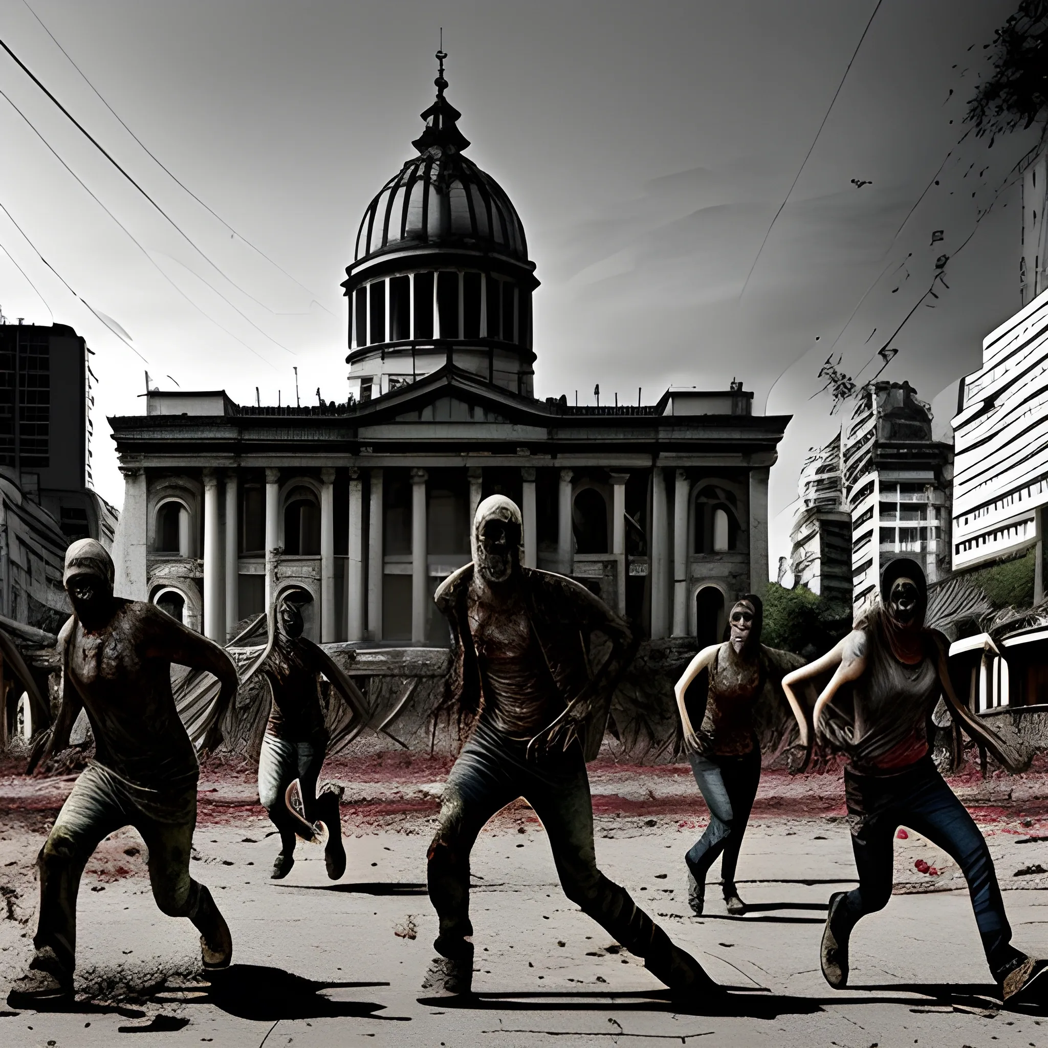 Argentinian capitolio in Buenos Aires, in post-apocalyptic style from The Walking Dead series, with the street covered in zombies, and two survivors running desperate to escape the zombies