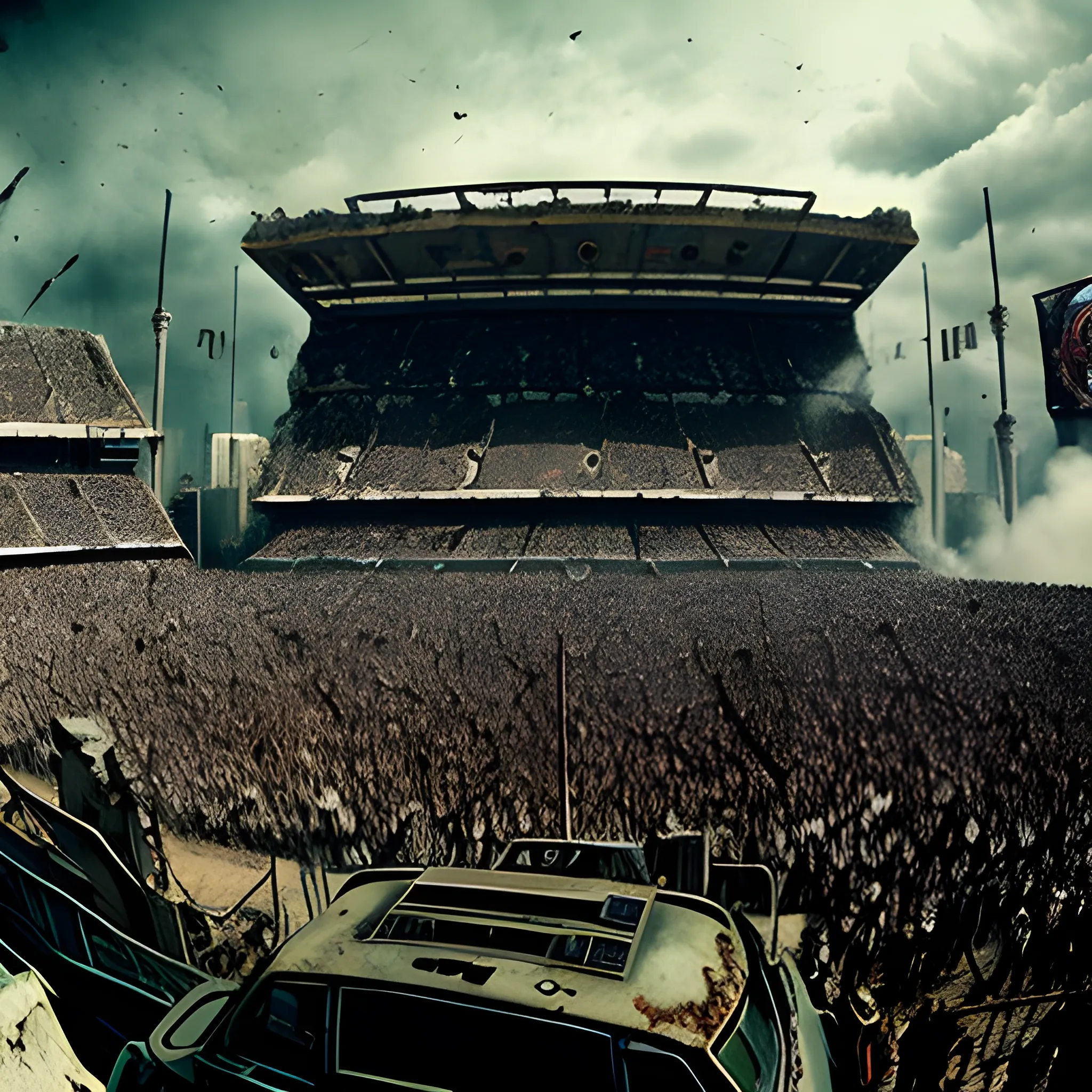 Apocalyptic scene, general shot of the Boca Juniors Stadium, Argentina, besieged by a zombie invasion. Spectacular movie scene, Spielberg style, Frank Miller style.