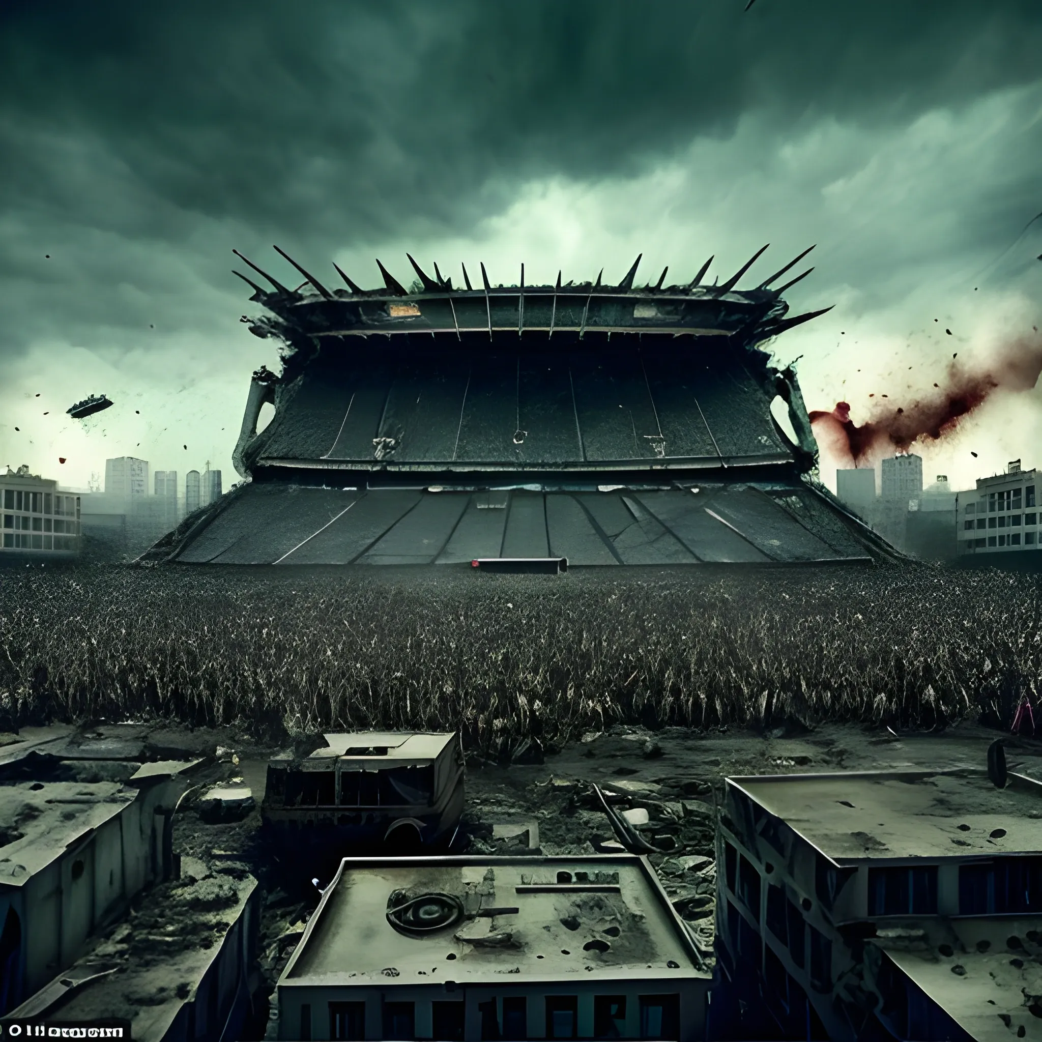 Apocalyptic scene, general shot of the Boca Juniors Stadium, Argentina, besieged by a zombie invasion. Spectacular movie scene, Spielberg style, Frank Miller style.