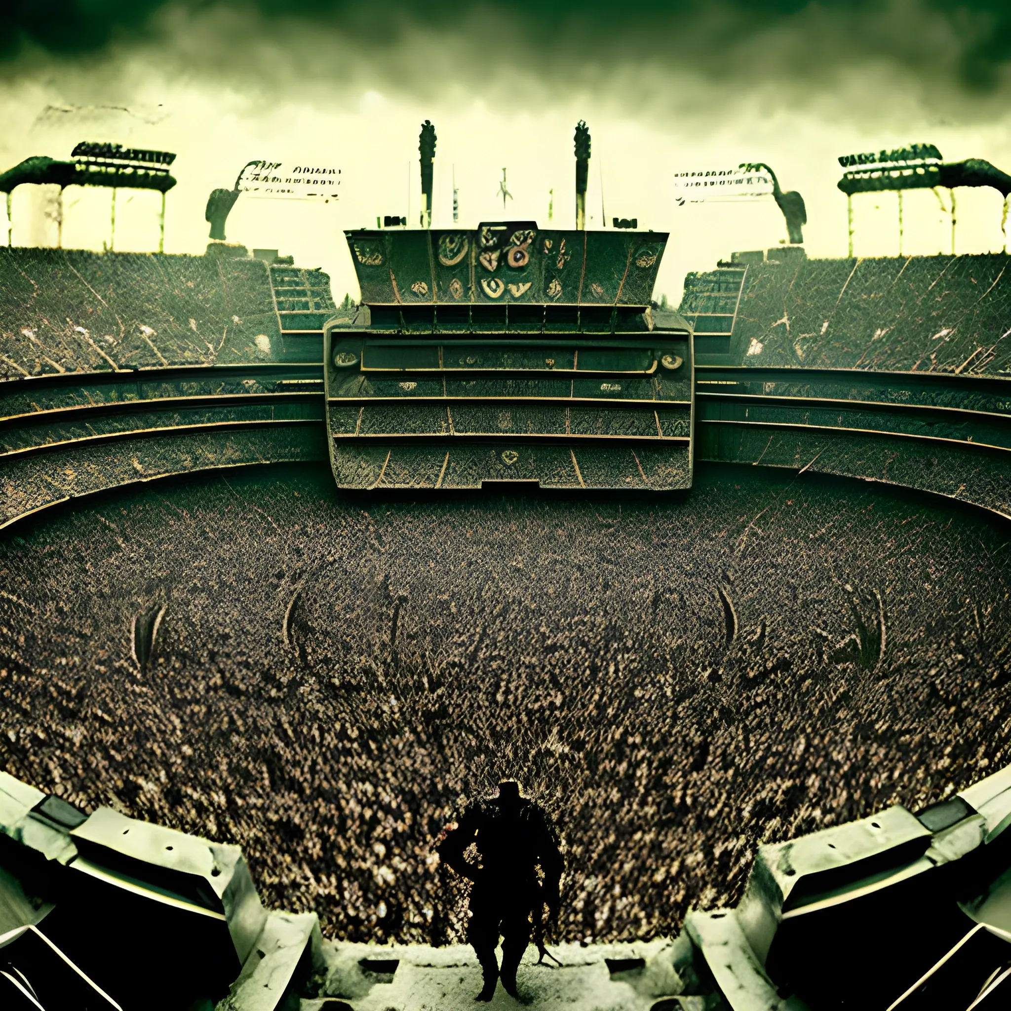 Apocalyptic scene, general shot of "La Bombonera", the Boca Juniors Stadium, Argentina, besieged by a zombie invasion. Spectacular movie scene, Spielberg style, Frank Miller style.