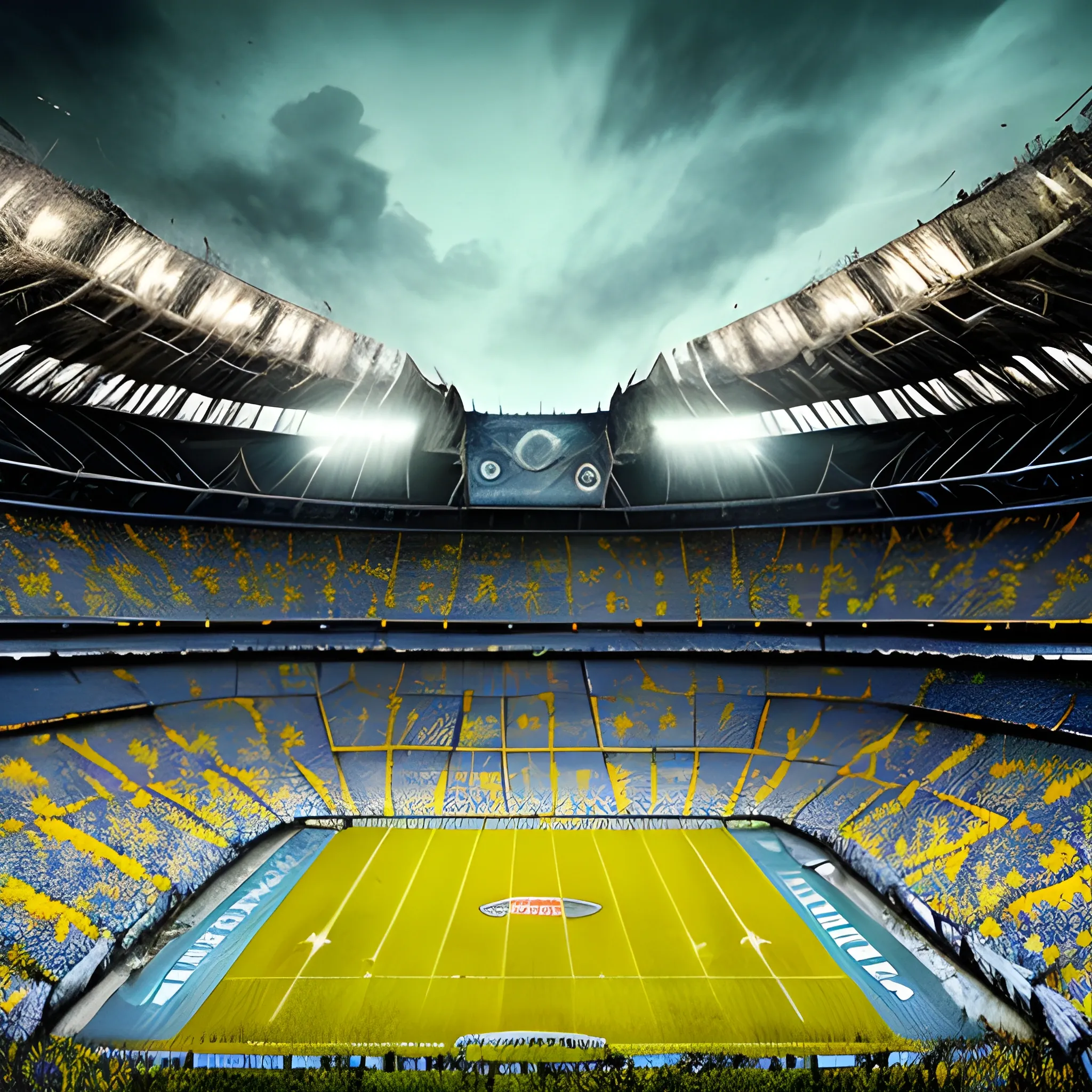 Apocalyptic scene, general shot of the "La Bombonera" Stadium, of the Boca Juniors club of Argentina, besieged by a zombie invasion. Spectacular movie scene, Spielberg style, Frank Miller style. High Definition. Great detail. Blue and yellow t-shirts.