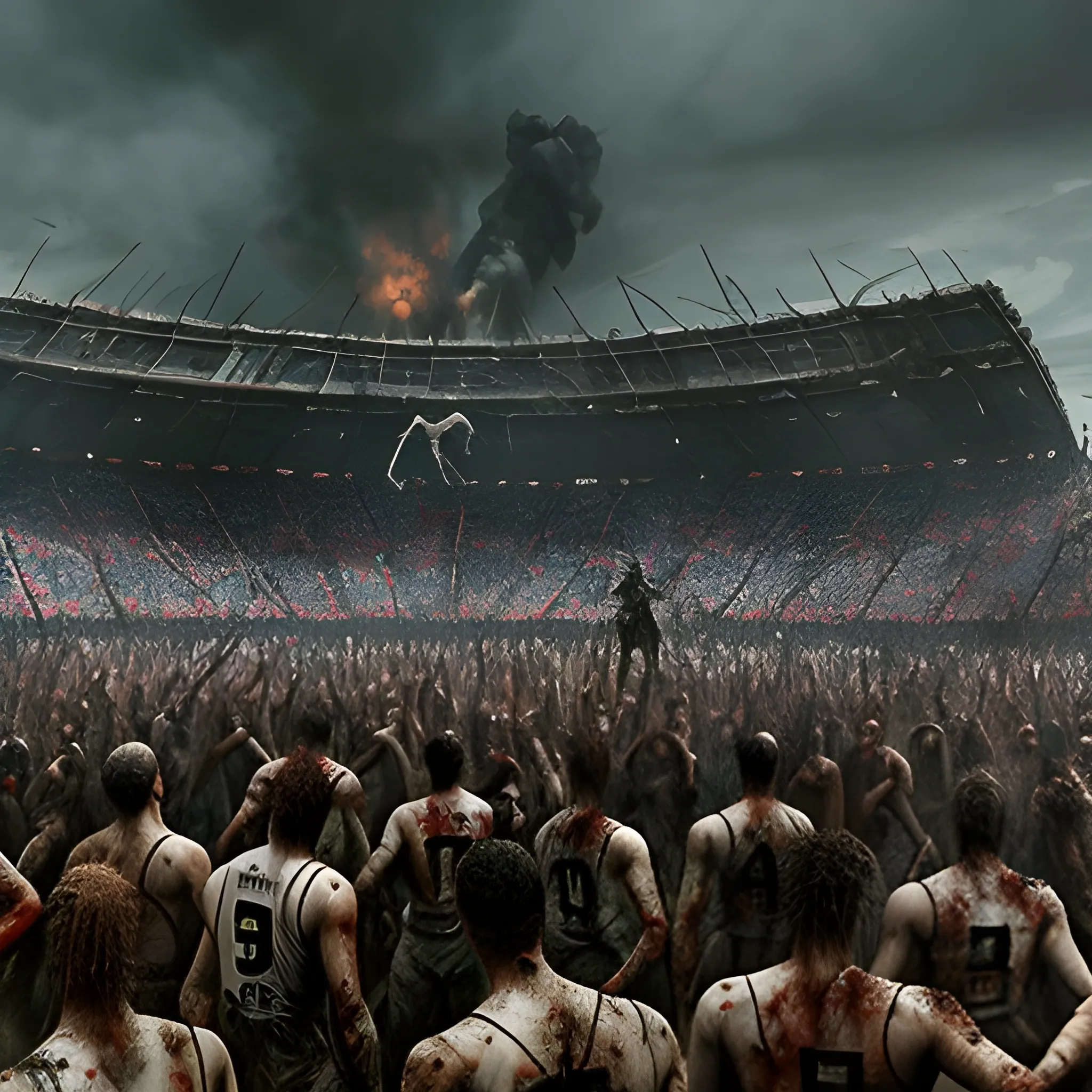 Post apocalyptic scene. Zombies on the pitch of Boca Juniors from Argentina dressed in Boca Juniors soccer jerseys. Spectacular movie scene, Frank Miller style. High Definition. Great detail.