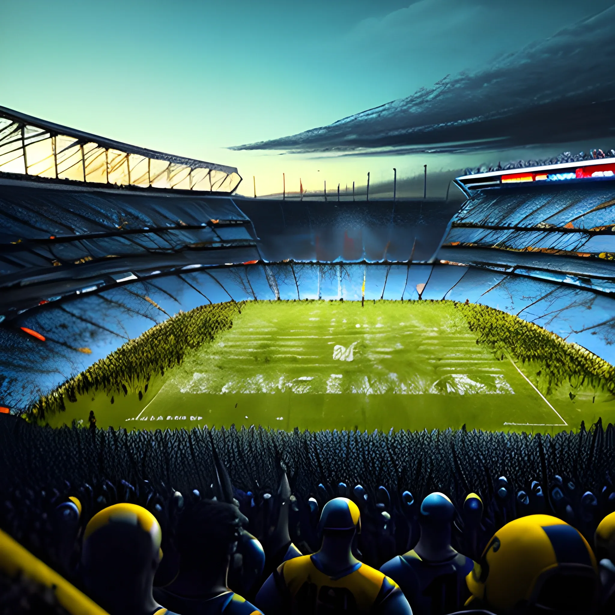 Post apocalyptic scene. Photorealistic. Destroyed blue football stadium. Ruins. Zombies dressed in Argentina's Boca Juniors jerseys (blue and yellow). Spectacular night movie scene, Frank Miller style. High Definition. Great detail. Subjective view from the pitch.