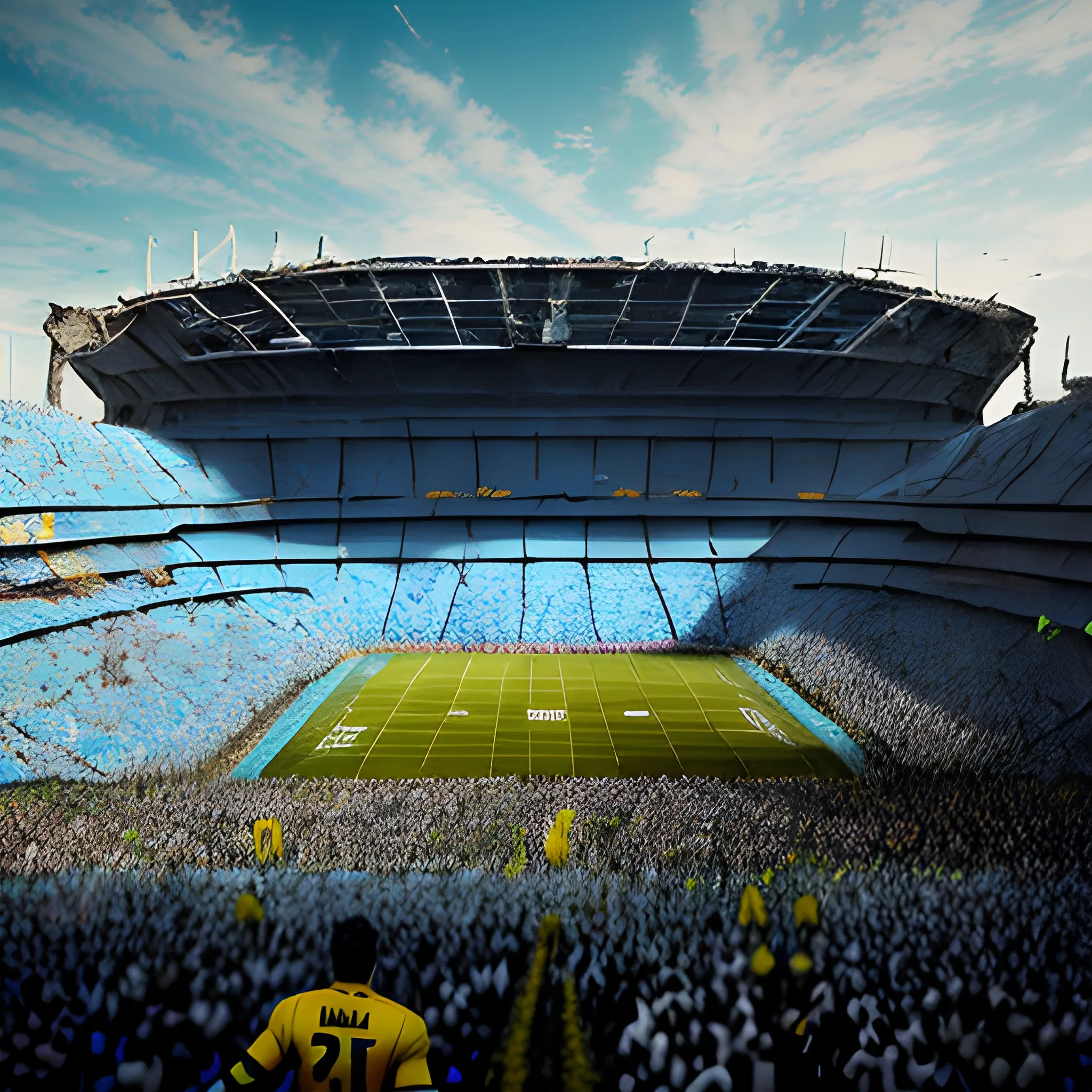 Post apocalyptic scene. Photorealistic. Destroyed blue football stadium. Ruins. Zombies dressed in Argentina's Boca Juniors jerseys (blue and yellow). Movie scene, Frank Miller style. High Definition. Great detail. Subjective view from the pitch.