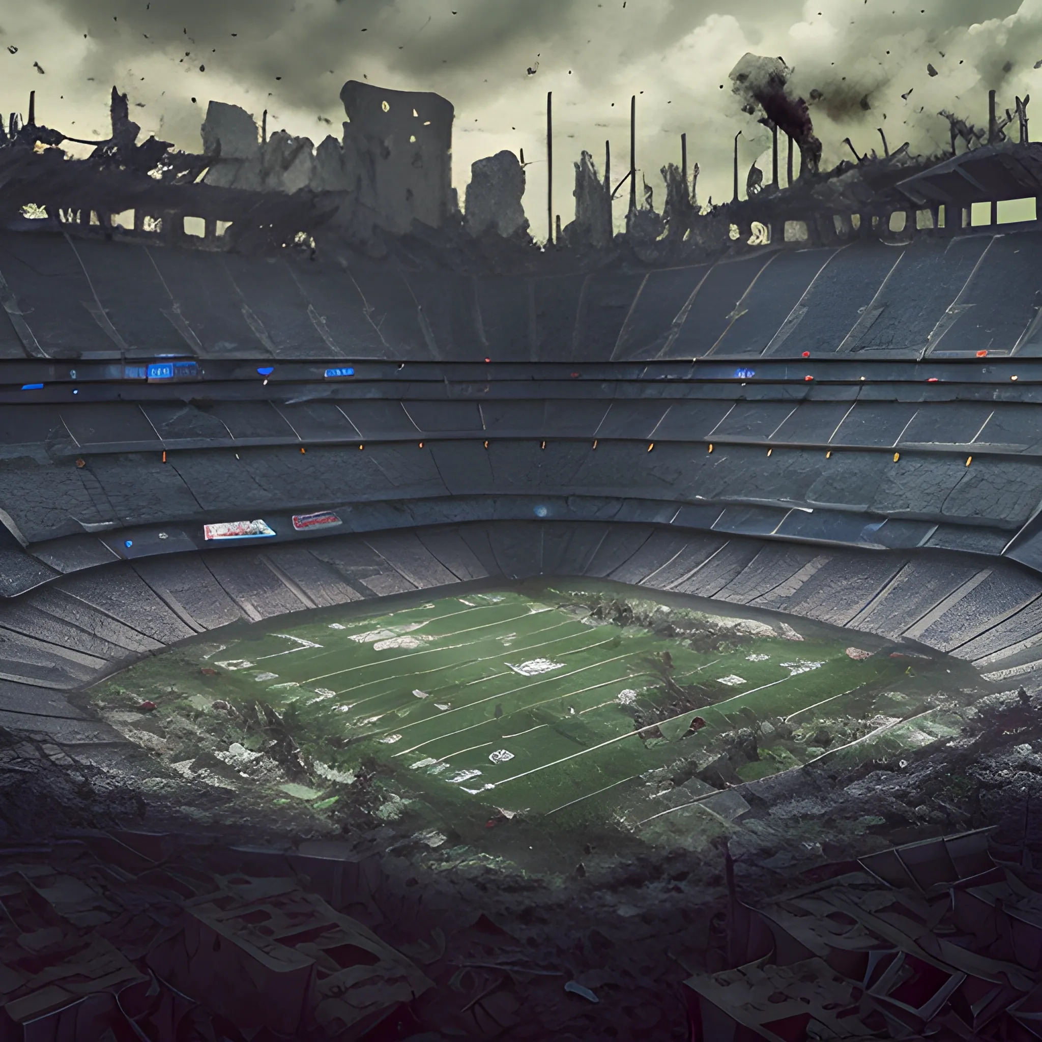 Post apocalyptic scene. Photorealistic. Destroyed blue football stadium. Ruins with Zombies. Night movie scene, Frank Miller style. High Definition. Great detail. Subjective view from the pitch.