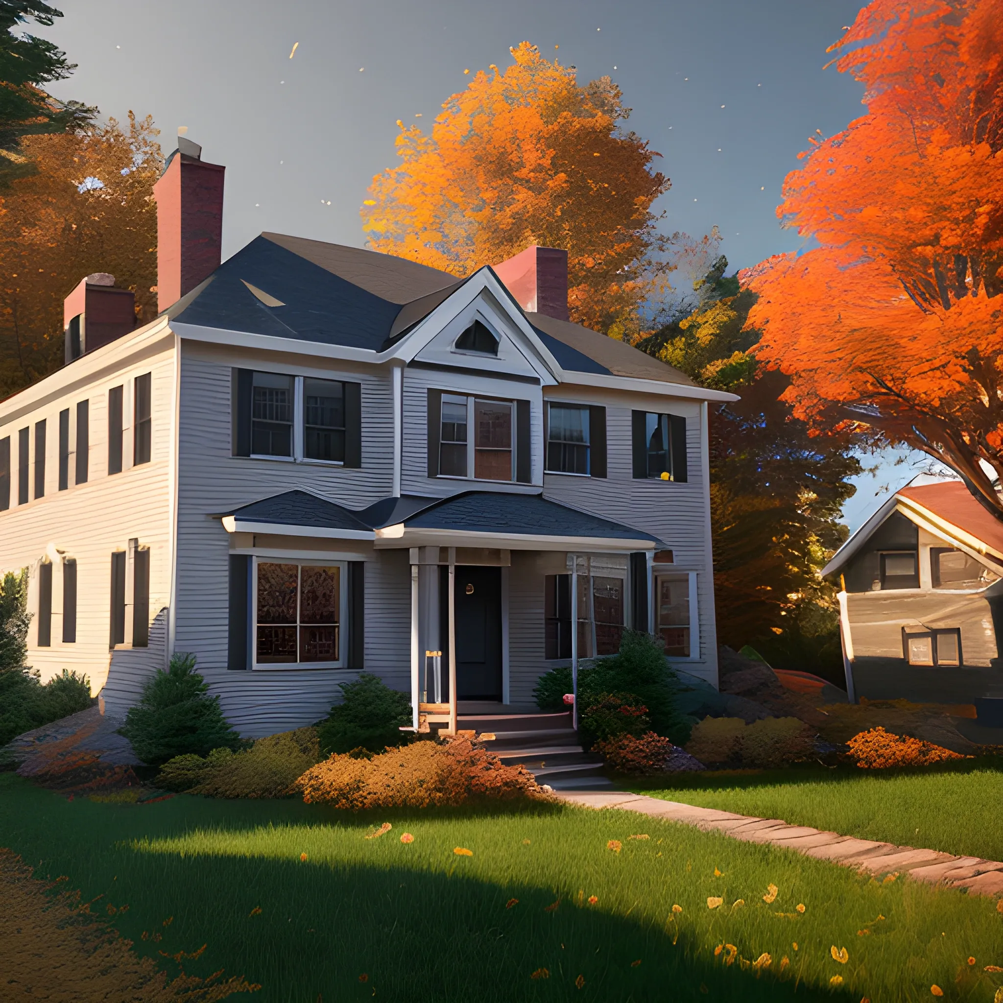 10 russell st. Worcester MA in google map new england house, maple tree in yard, large chimney, lights on inside, fall foliage, vermont mountain background, light cinematic, volumetric, realistic, cinematic lighting, ray tracing, unreal engine 5, octane render, hyper realistic, 8 k 