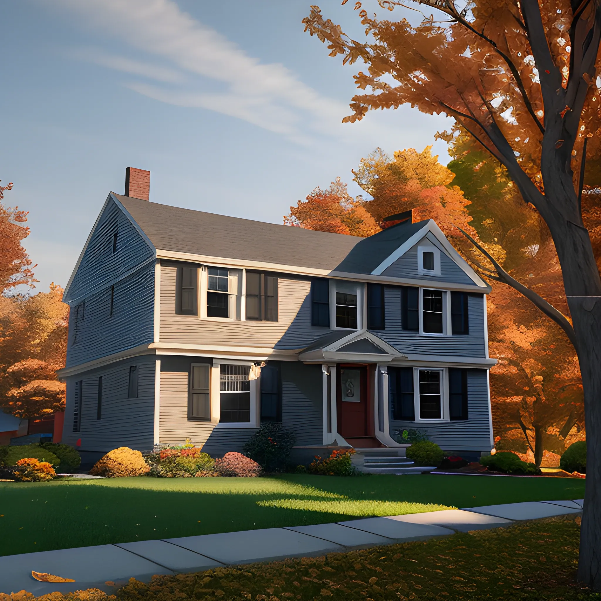 10 russell st. Worcester MA in google map new england house, maple tree in yard, large chimney, lights on inside, fall foliage, vermont mountain background, light cinematic, volumetric, realistic, cinematic lighting, ray tracing, unreal engine 5, octane render, hyper realistic, 8 k 