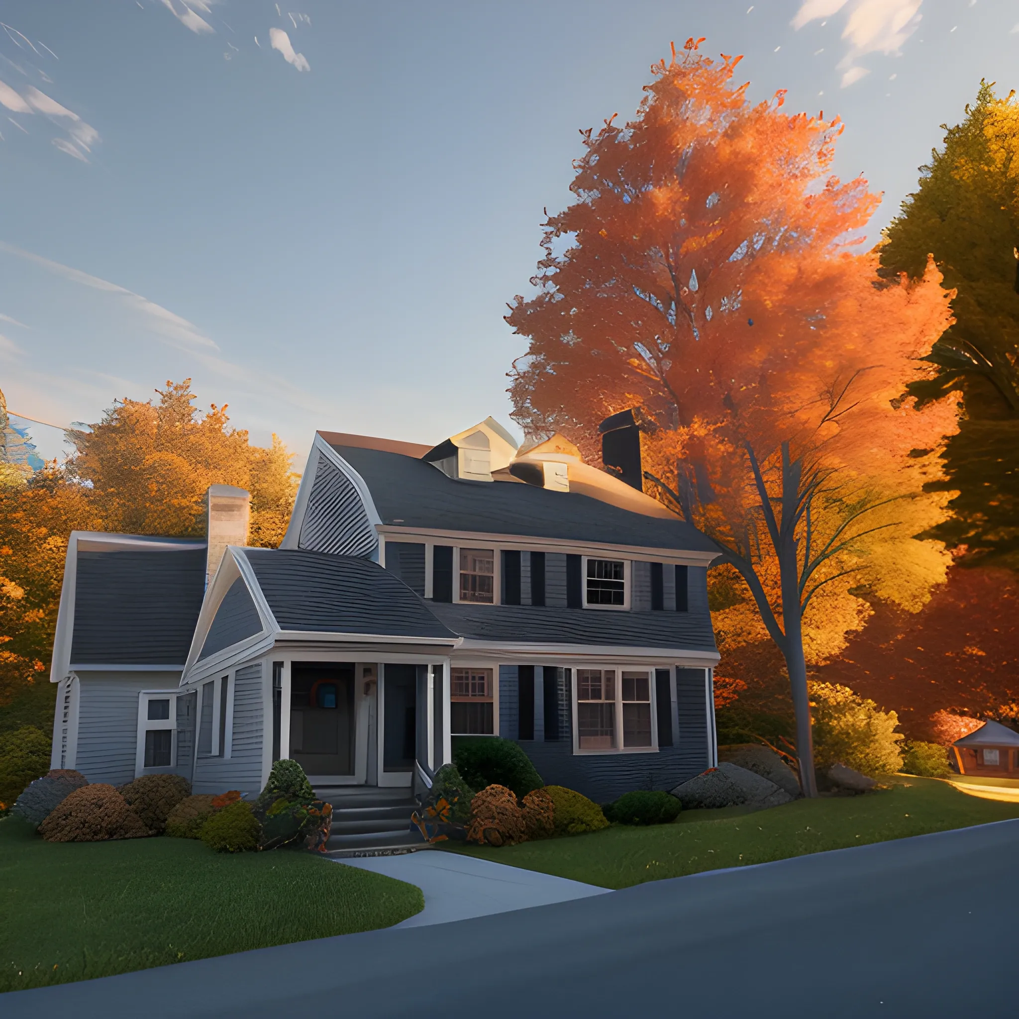 10 russell st. Worcester MA in google map new england house, maple tree in yard, large chimney, lights on inside, fall foliage, vermont mountain background, light cinematic, volumetric, realistic, cinematic lighting, ray tracing, unreal engine 5, octane render, hyper realistic, 8 k 