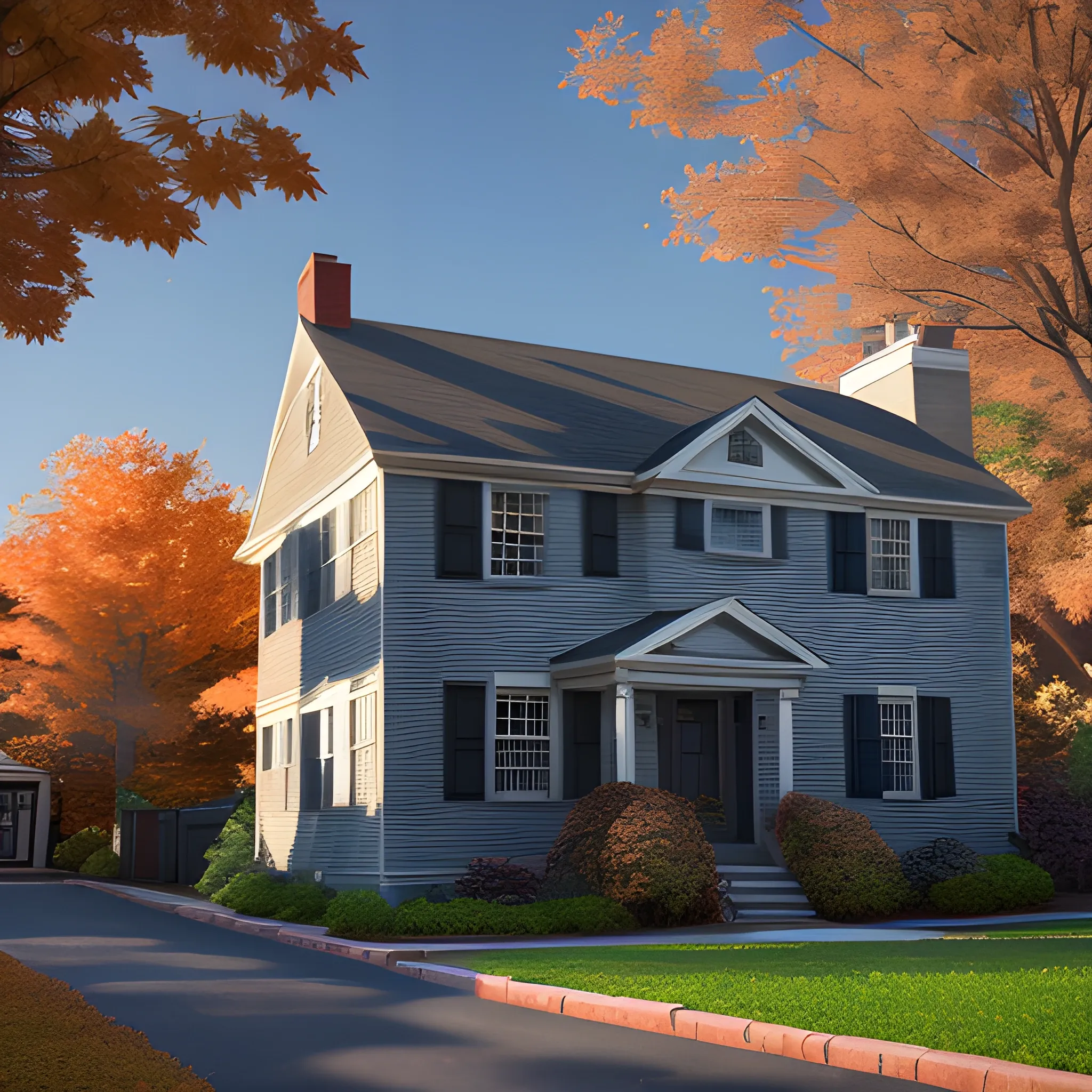 10 russell st. Worcester MA in google map new england house, maple tree in yard, large chimney, lights on inside, fall foliage, light cinematic, volumetric, realistic, cinematic lighting, ray tracing, unreal engine 5, octane render, hyper realistic, 8 k 