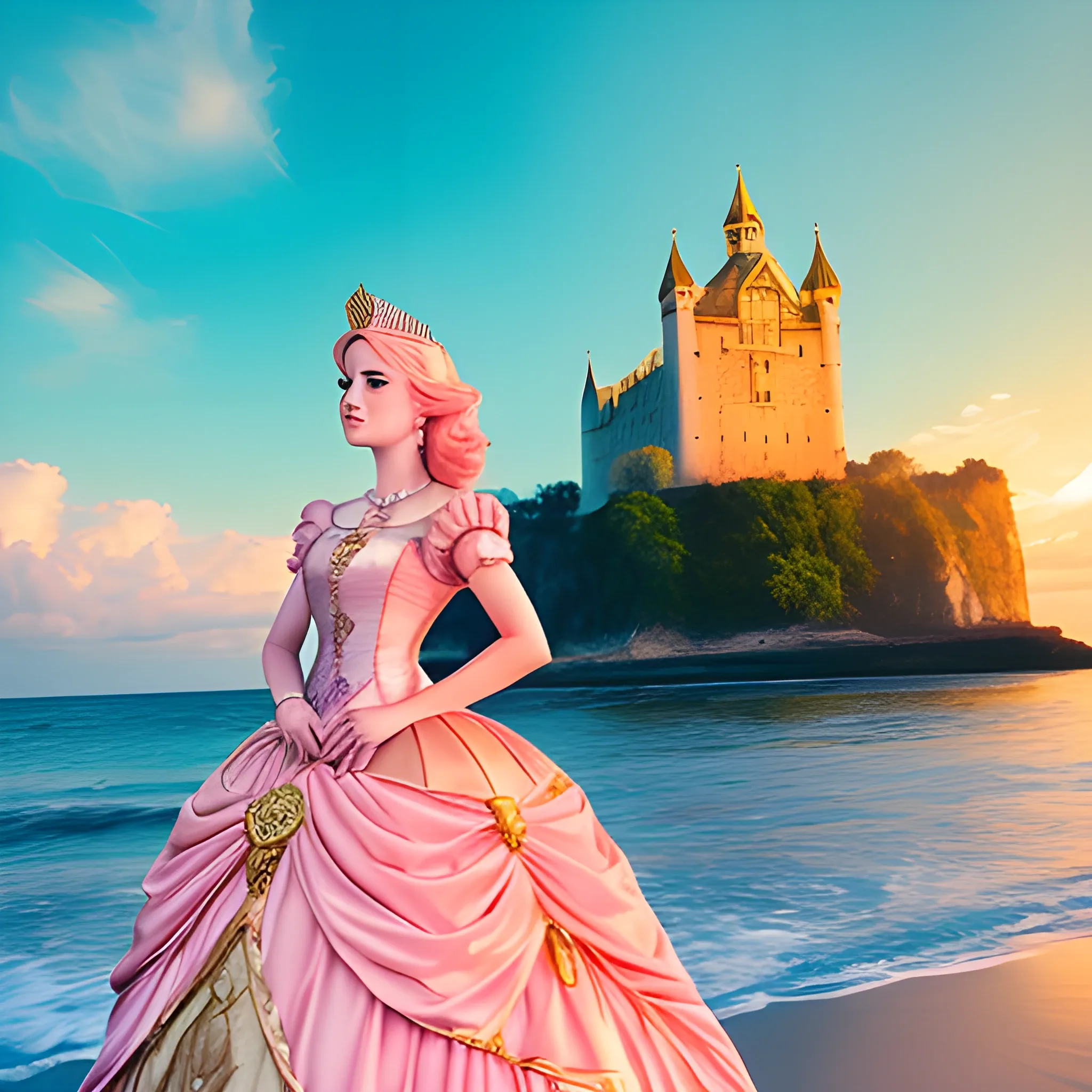 miss xv photography golden hour princess pink, background sea and cloud and casttle