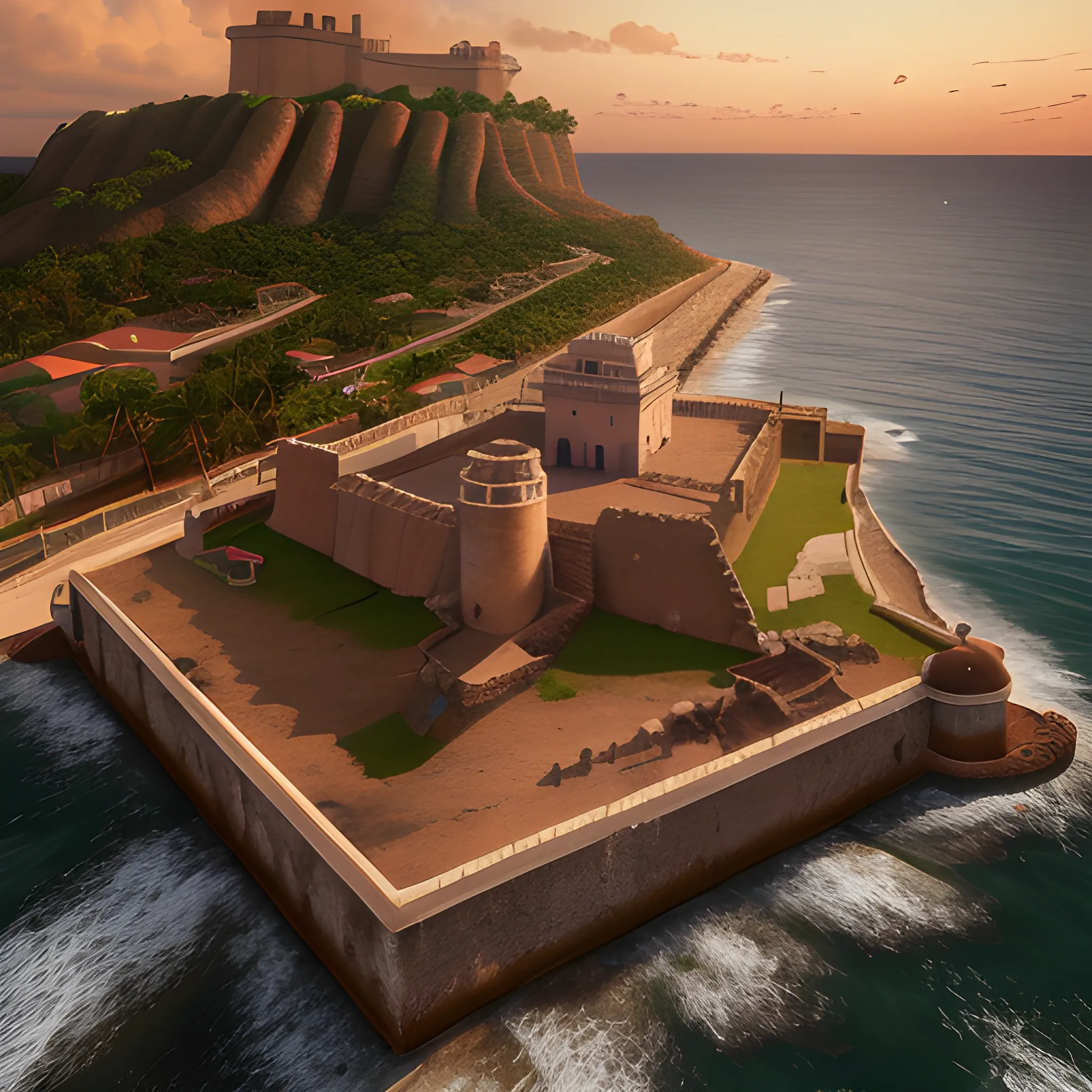 Create a view of the san cristobal fort el morro san juan puerto rico in the year 1600 ac realistic, lights on inside, light cinematic, volumetric, realistic, cinematic lighting, ray tracing, unreal engine 5, octane render, hyper realistic, 8 k , Water Color, Water Color