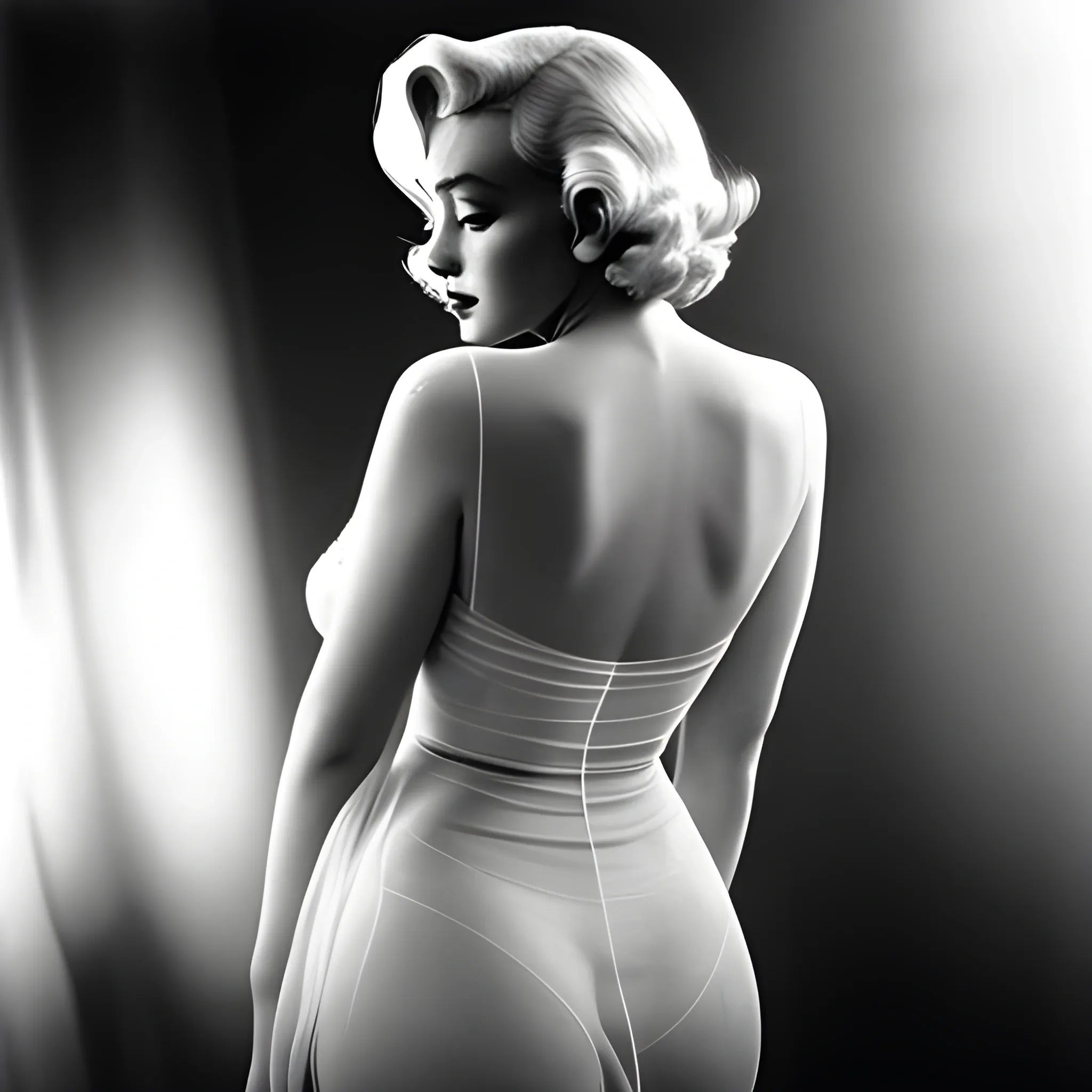  a realistic photography of Marilyn Monroe wearing see-through clothes. Shot with a 35mm lens, this captivating photograph captures Marilyn's alluring beauty in a delicate and sensual manner. The see-through fabric adds an element of mystery and intrigue to the image. Marilyn's expression is confident and seductive. The lighting is soft, casting a subtle glow on her figure. The atmosphere is charged with sensuality and elegance , back view