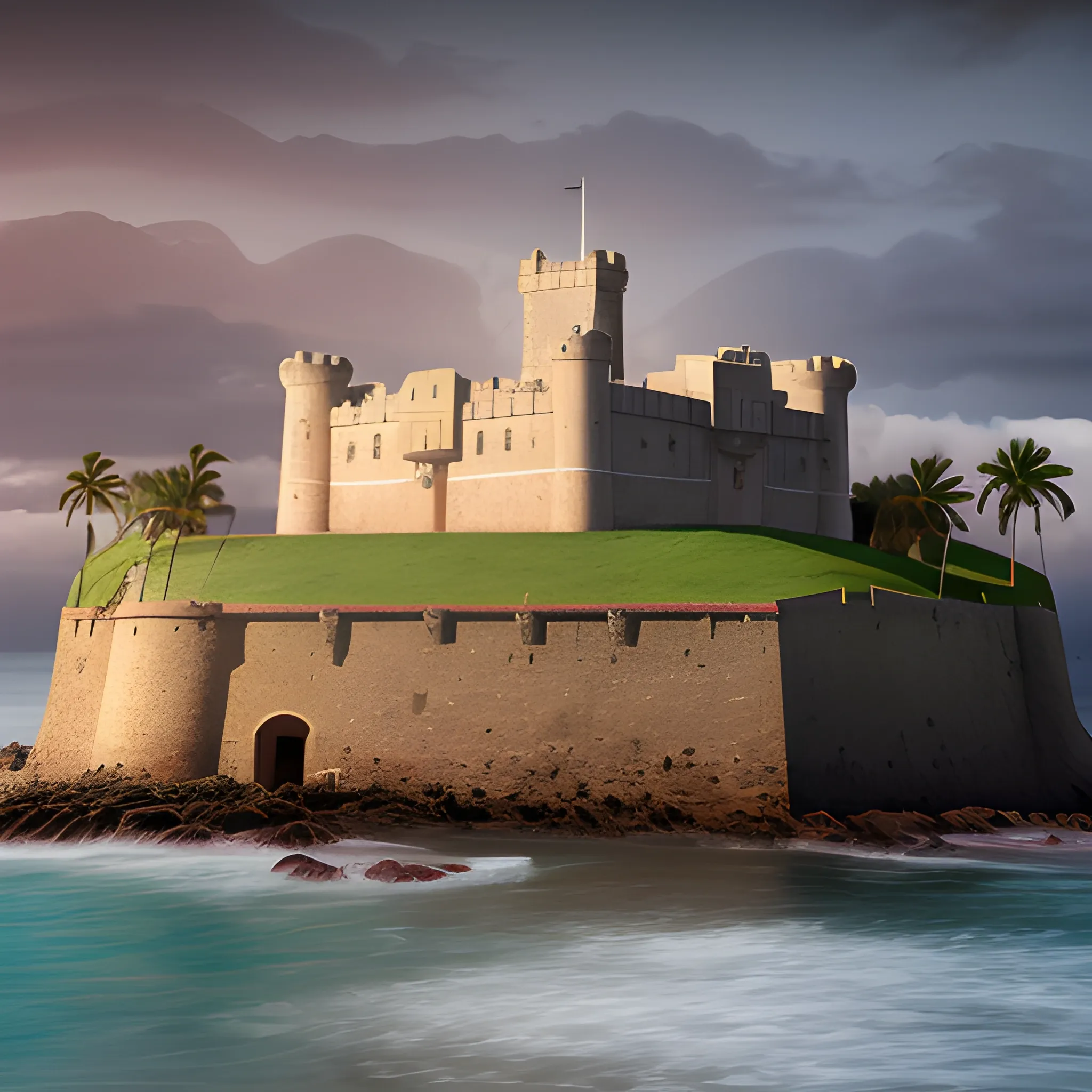 Create a view of the castle of san cristobal fort el morro san juan puerto rico in the year 1600 ac realistic, lights on inside, light cinematic, volumetric, realistic, cinematic lighting, ray tracing, unreal engine 5, octane render, hyper realistic, 8 k , Water Color, Water Color, spanish colony