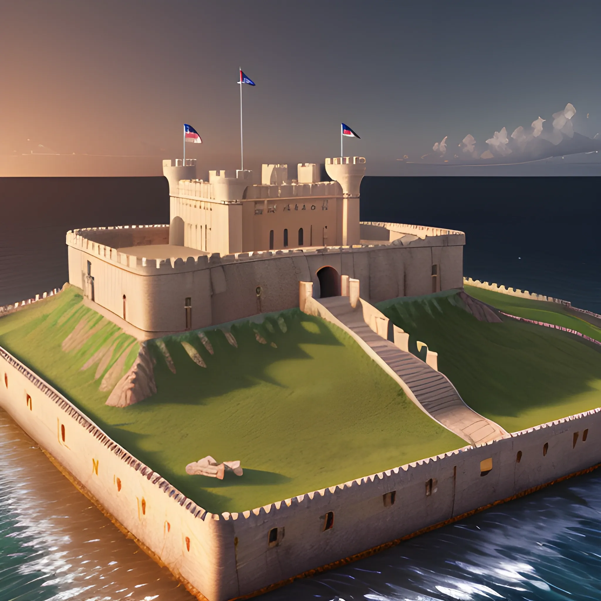 Create a view of the castle of san felipe del morro san juan puerto rico in the year 1600 ac realistic, lights on inside, light cinematic, volumetric, realistic, cinematic lighting, ray tracing, unreal engine 5, octane render, hyper realistic, 8 k , Water Color, Water Color, spanish colony