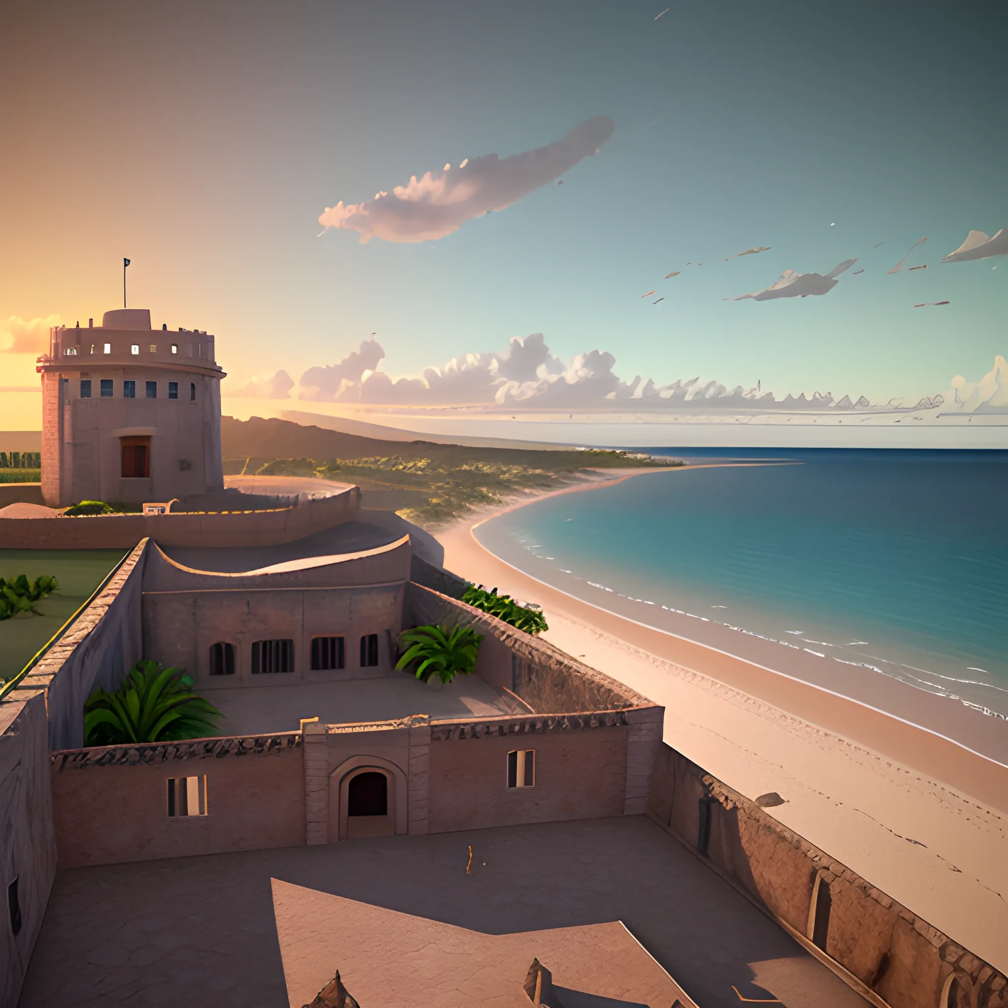 Create a view of san felipe del morro san juan puerto rico in the year 1600 ac realistic, lights on inside, light cinematic, volumetric, realistic, cinematic lighting, ray tracing, unreal engine 5, octane render, hyper realistic, 8 k , Water Color, Water Color, spanish colony