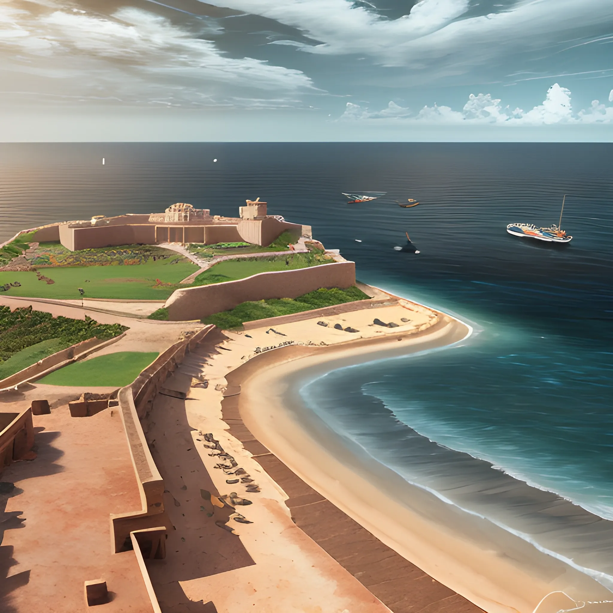 Create a view of san felipe del morro fort san juan puerto rico in the year 1600 ac, san juan bay view,spanish war galeon, realistic, lights on inside, light cinematic, volumetric, realistic, cinematic lighting, ray tracing, unreal engine 5, octane render, hyper realistic, 8 k , Water Color, Water Color, spanish colony