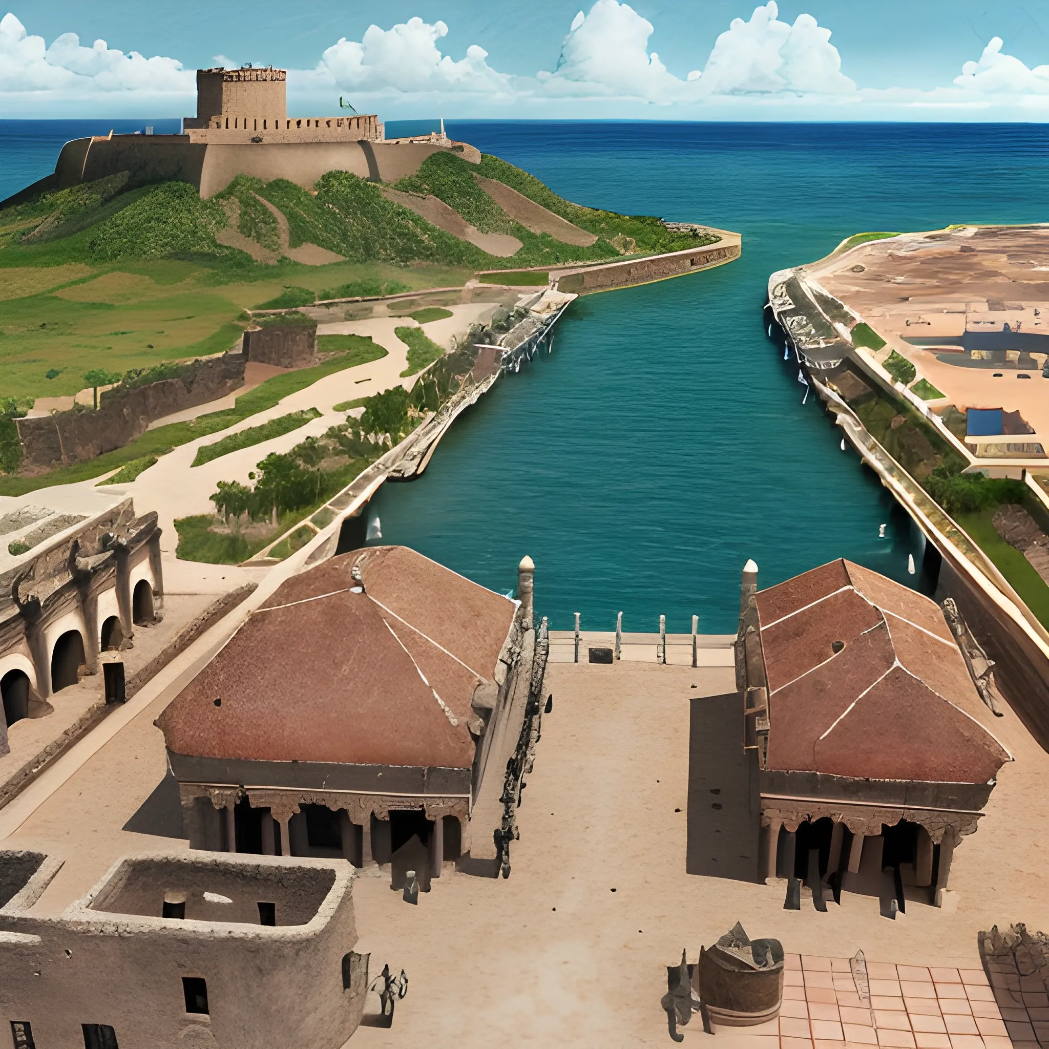 Create a view of san felipe del morro fort san juan puerto rico in the year 1600 ac, san juan bay view, goat island view, spanish war galeon, cannonry ready to shot, realistic, lights on inside, light cinematic, volumetric, realistic, cinematic lighting, ray tracing, unreal engine 5, octane render, hyper realistic, 8 k , Water Color, Water Color, spanish colony