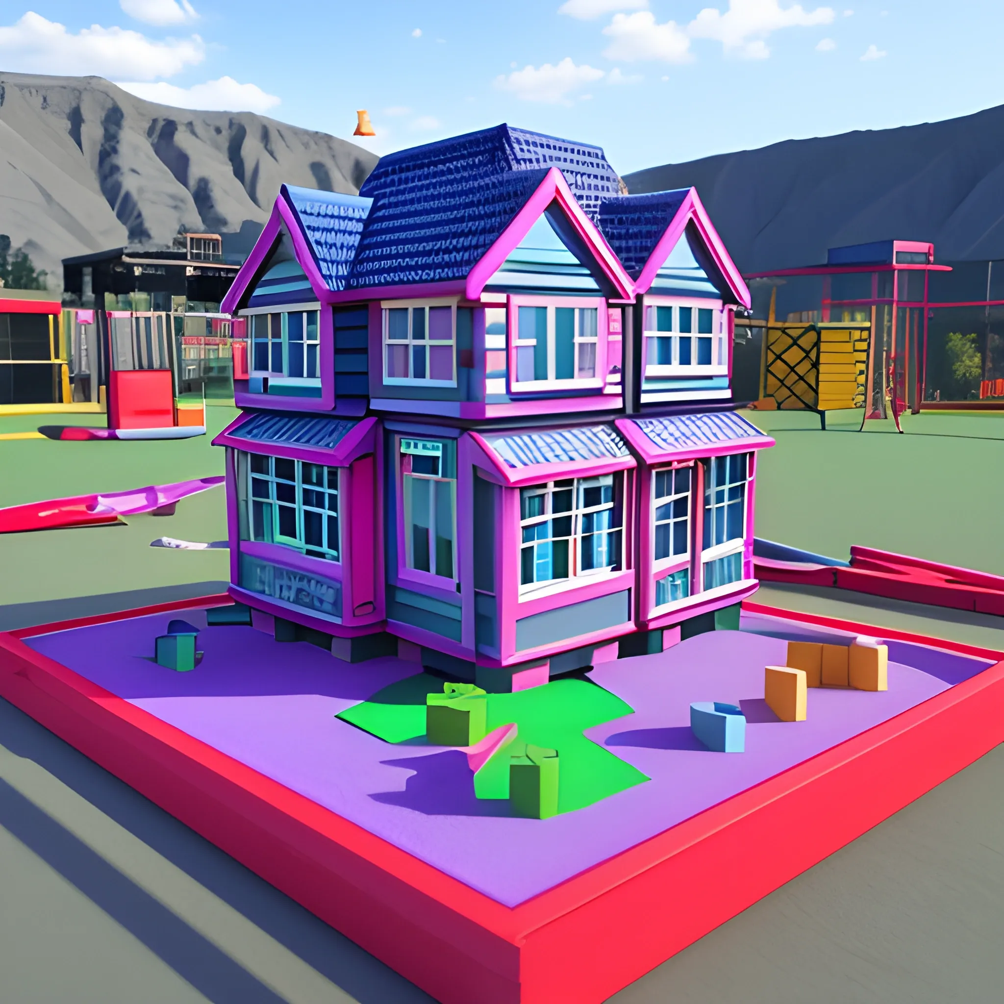 education, game, builings, happy, play, houses, balls, cranes, improve, colours, people, meals, feeling good, work, school, adults, learn, 3D, houses, child stand between cranes, Trippy