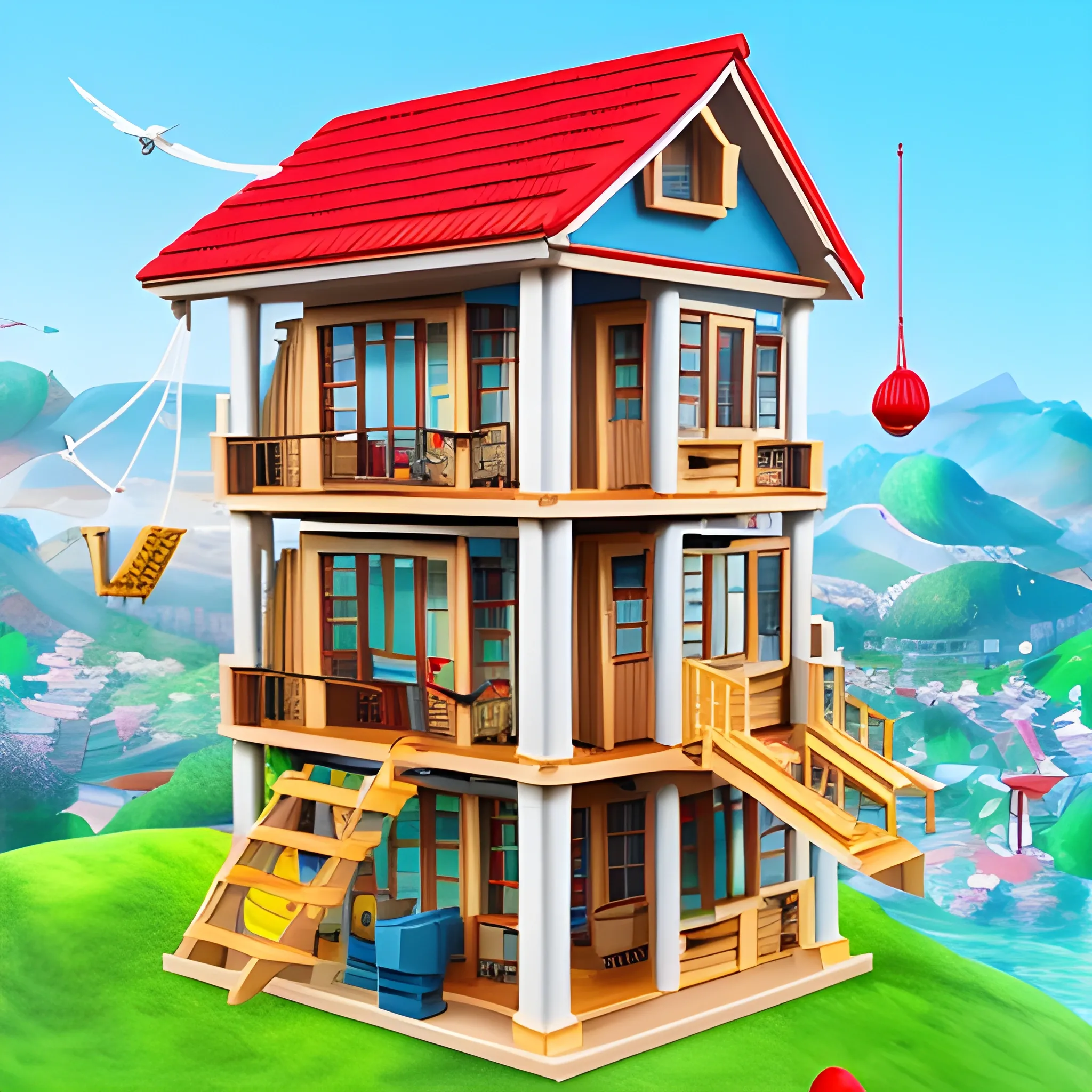 education, game, builings, happy, play, houses, balls, cranes, improve, colours, people, meals, feeling good, work, school, adults, learn, 3D, houses, child stand between cranes, TrippyUpvote, Water Color, Cartoon