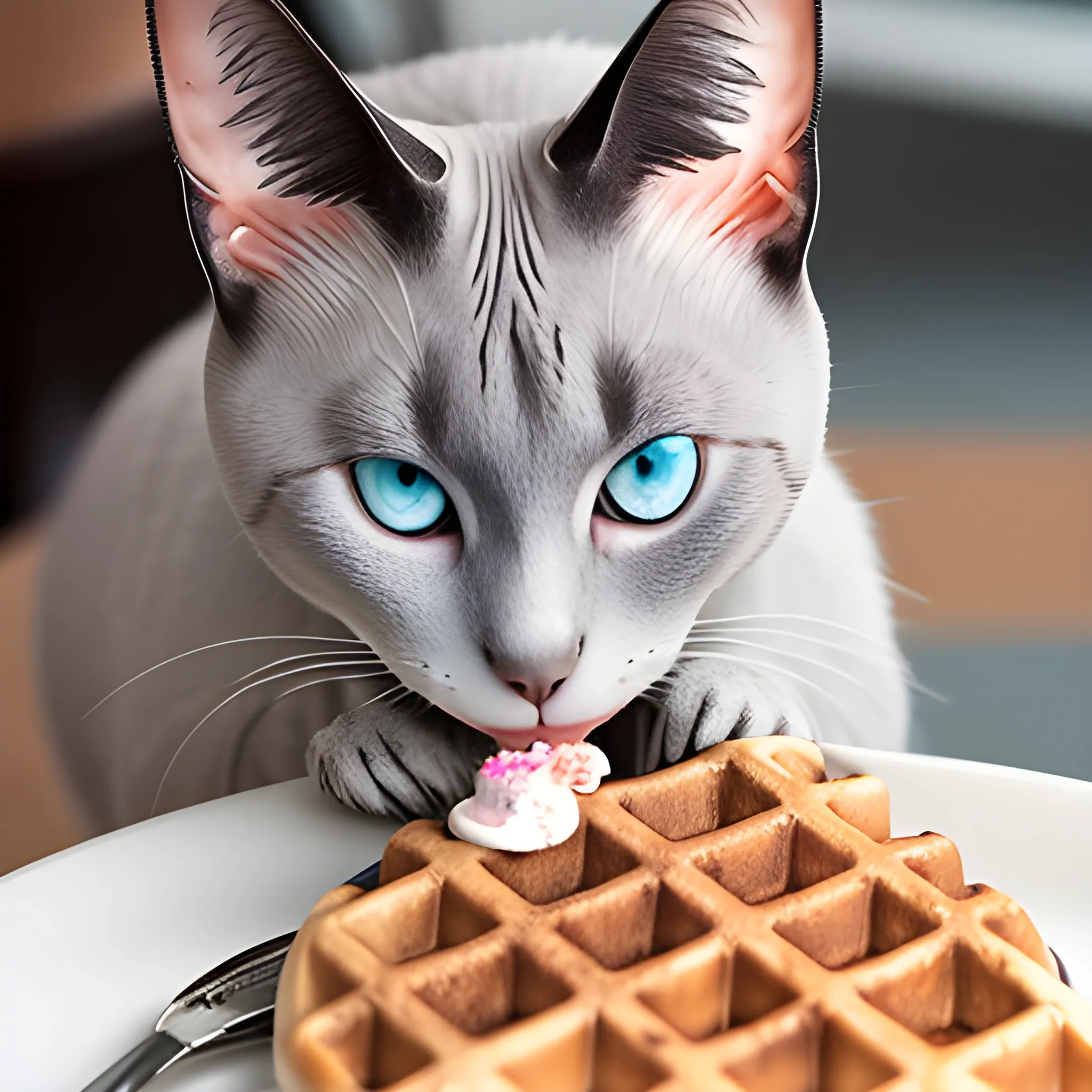 gray point siamese cat eating ice cream in a waffle cone, ghibli
