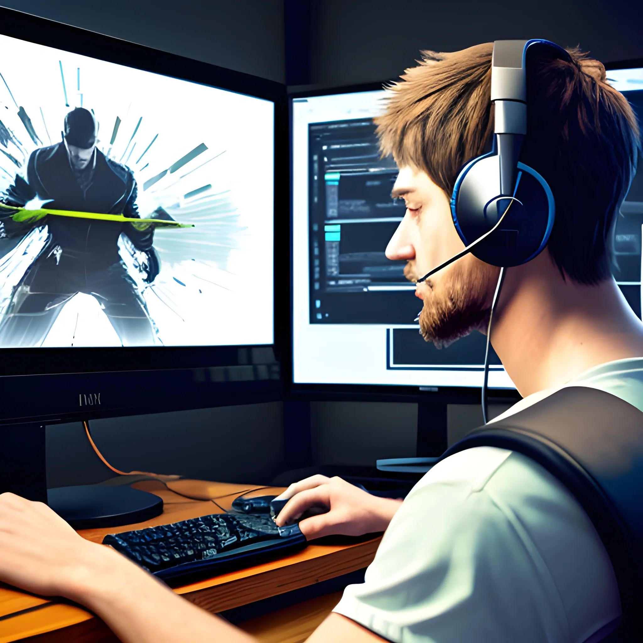 person with headphones on at computer playing video games, realistic