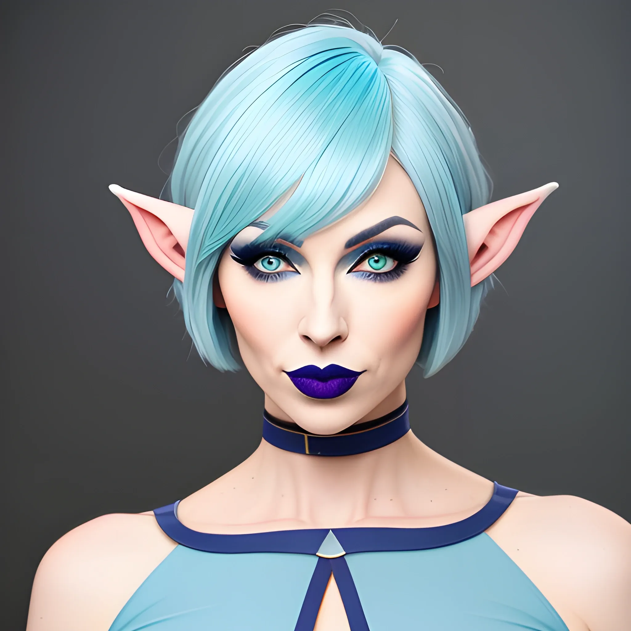 full body image of girl with light blue hair, bob haircut, blue eyes, soft lips, blue lipstick, large elf ears