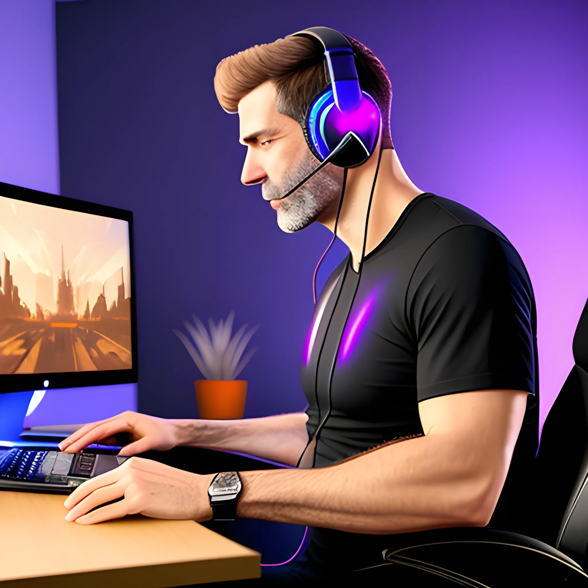 young male with headphones on at computer playing video games, rgb lighting, realistic