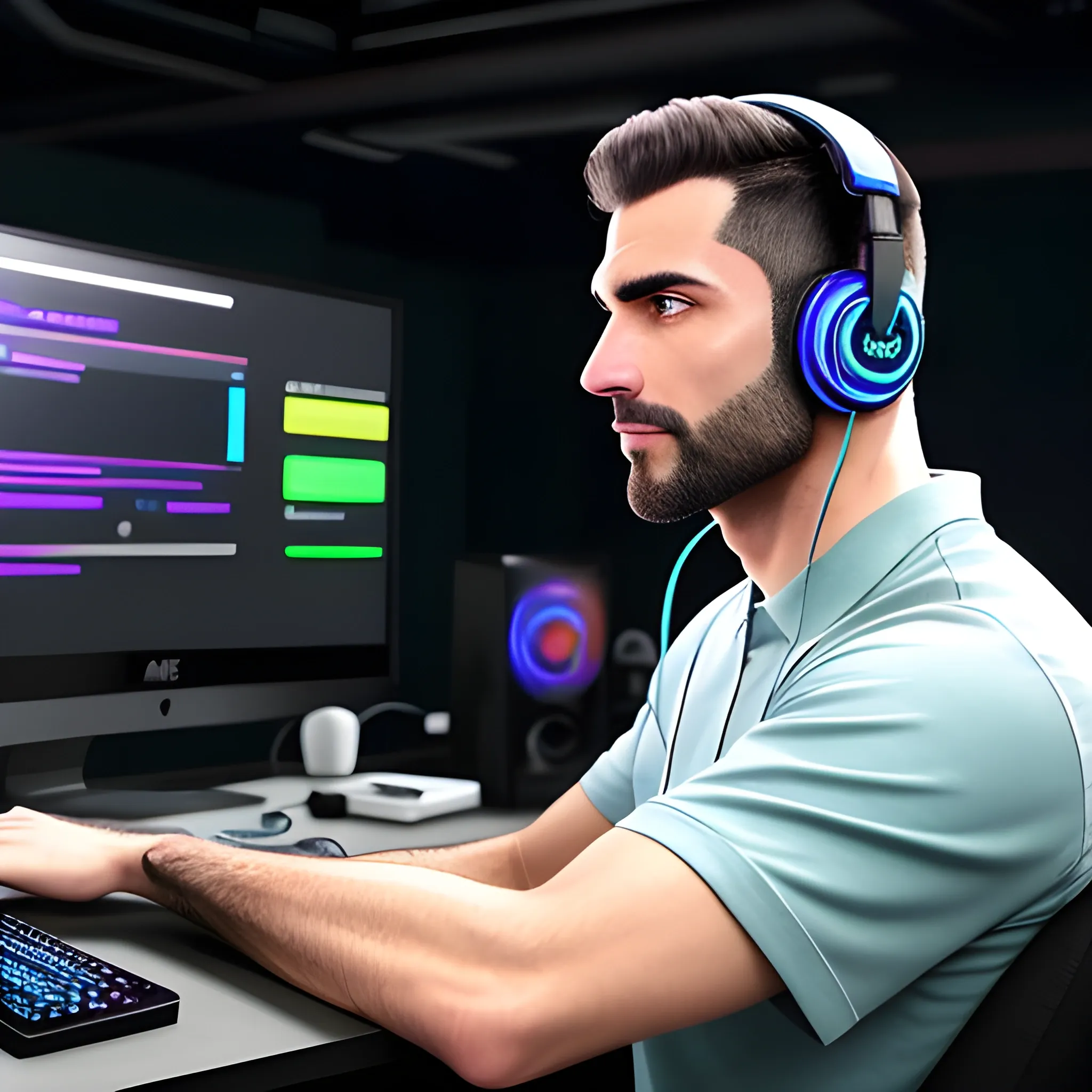 young male with AGON by AOC headphones on at computer playing video games, rgb lighting, realistic